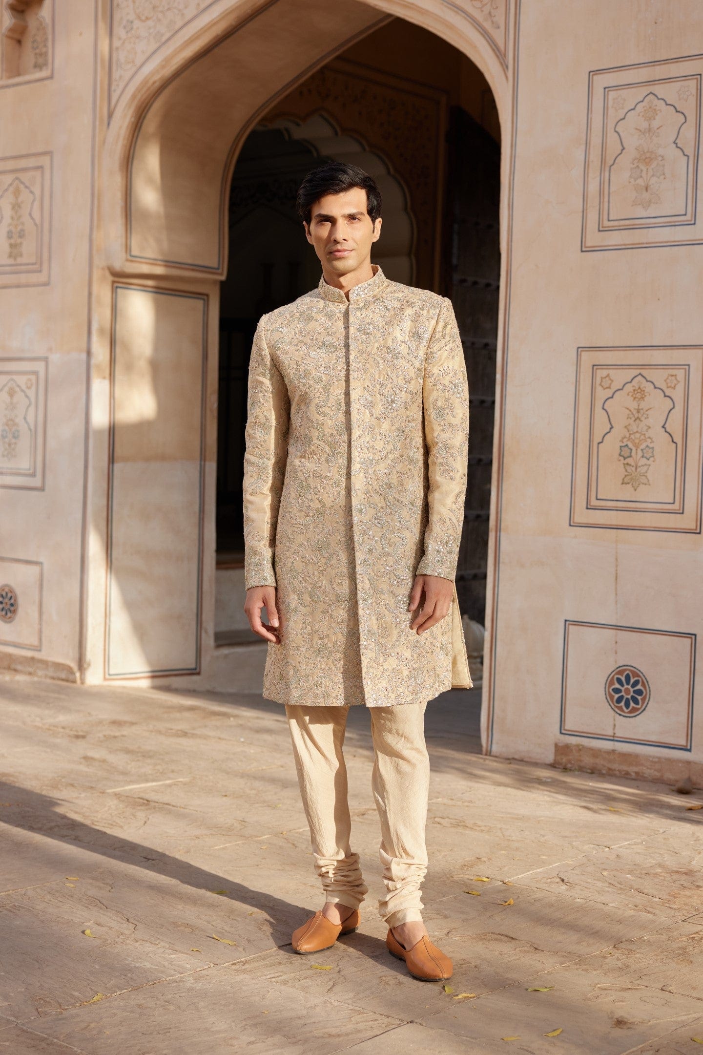 Beige Champagne Embroidered Sherwani Set