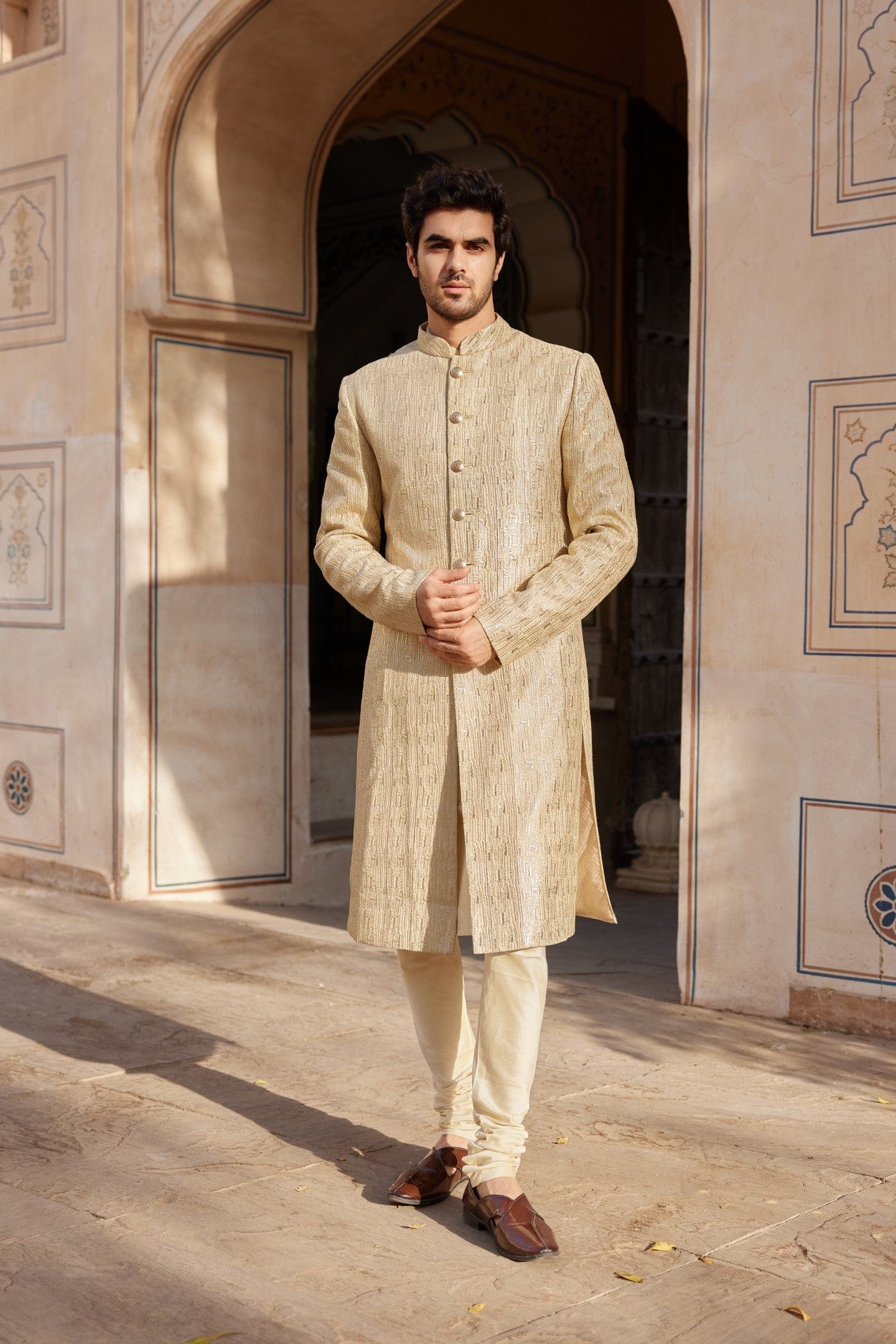 Beige Champagne Sherwani Set