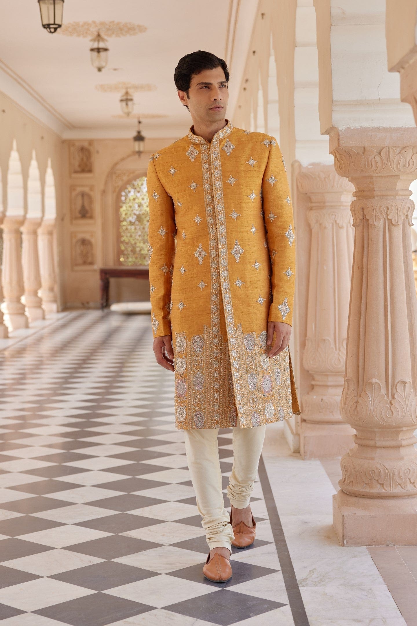Orange Peel Embroidered Sherwani Set