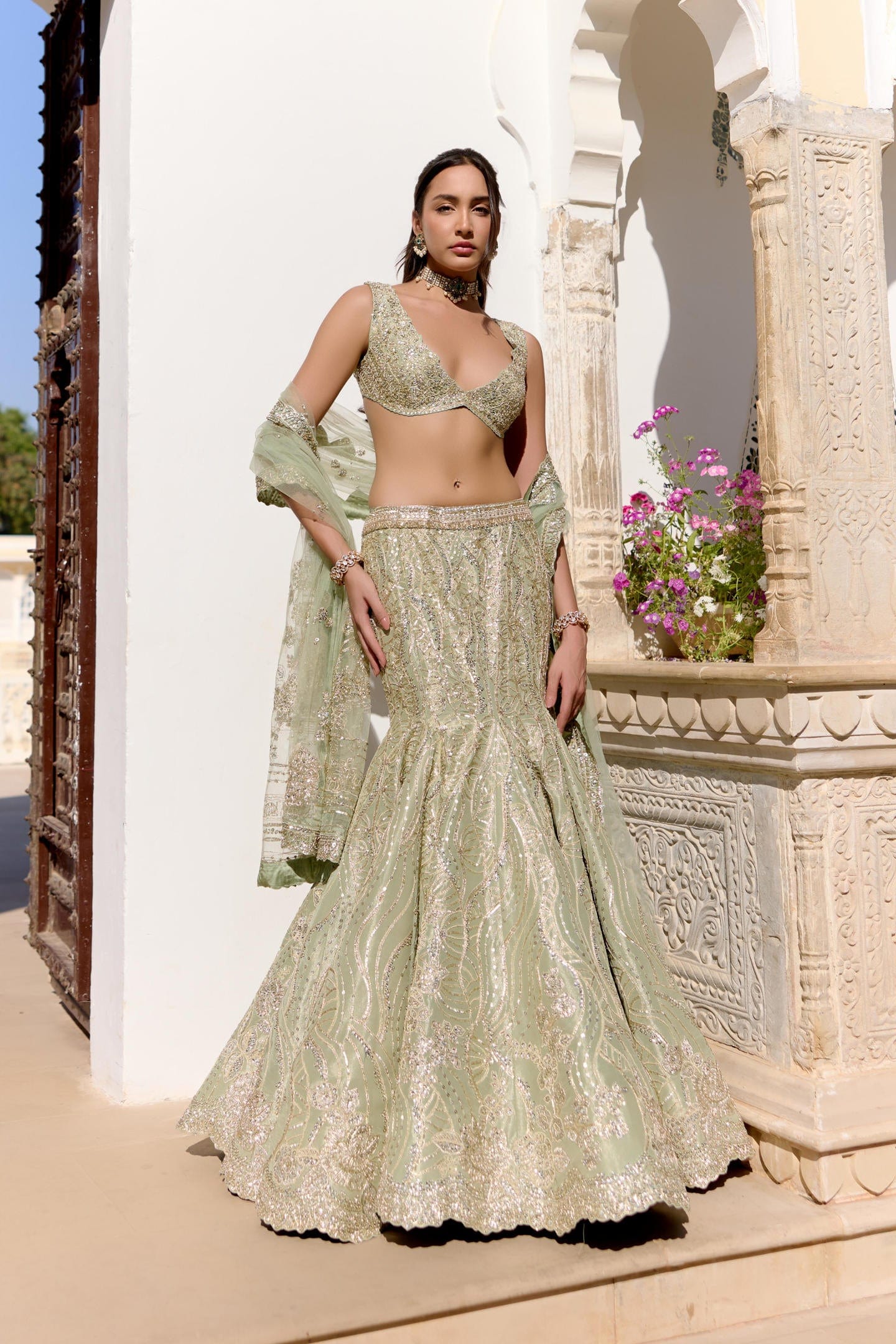 Sage Tissue Fish Cut Lehenga Set
