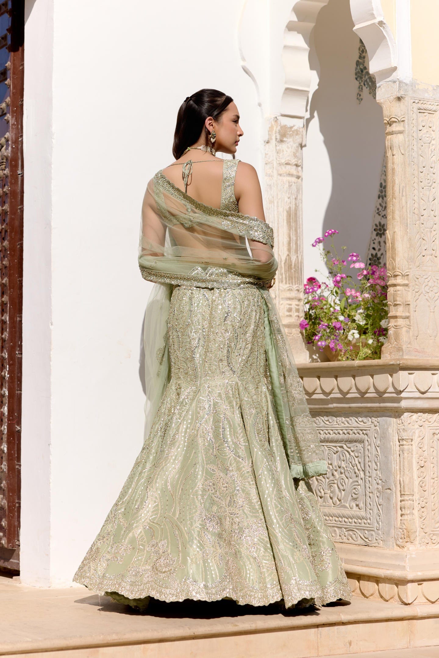 Sage Tissue Fish Cut Lehenga Set
