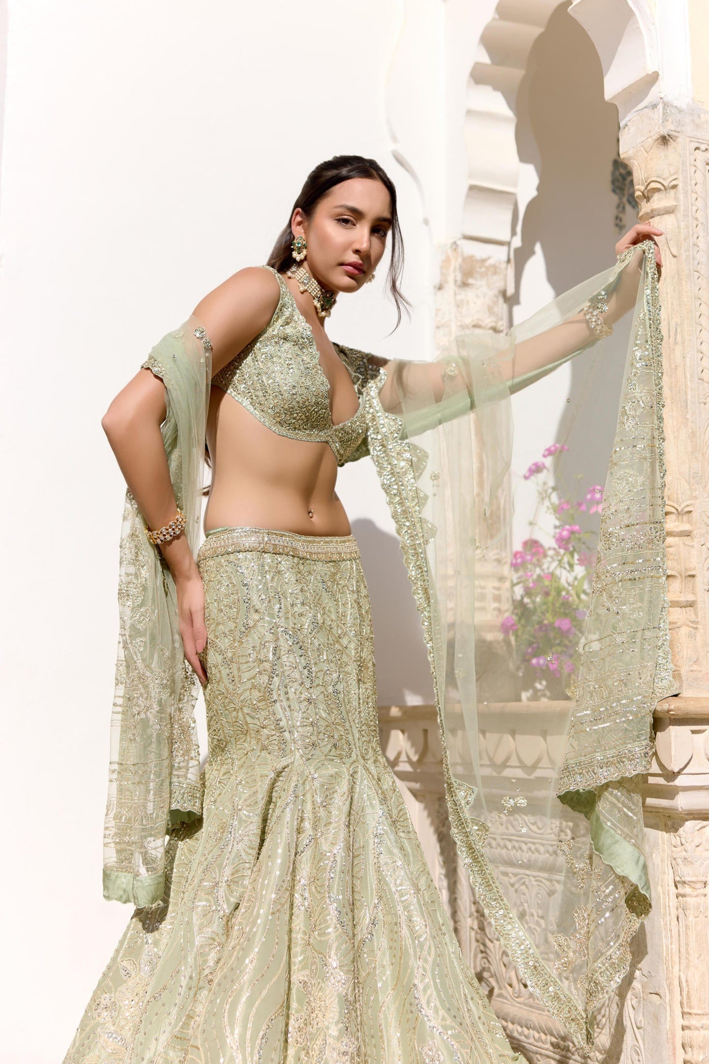 Sage Tissue Fish Cut Lehenga Set