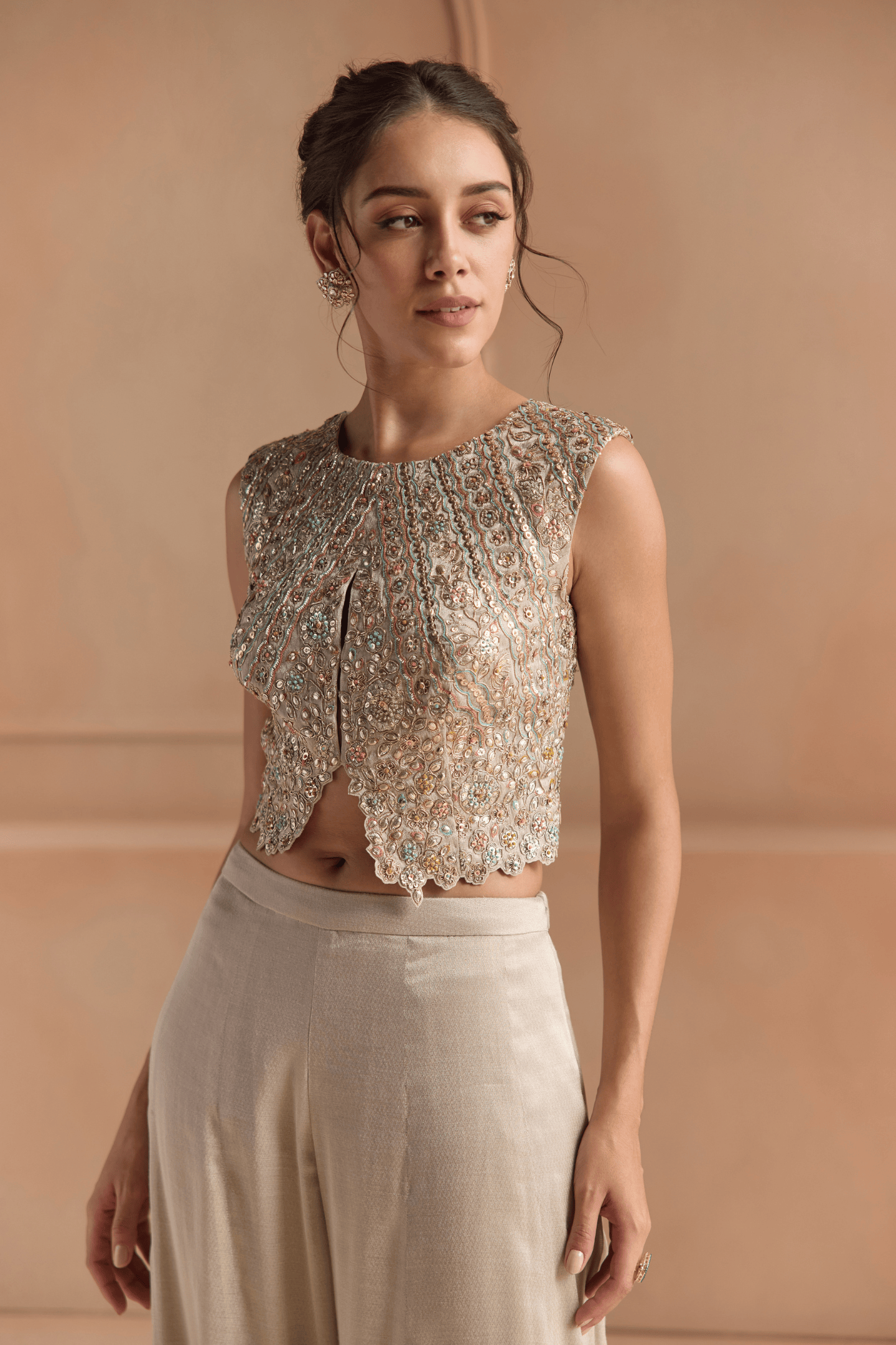 Platinum Grey Embroidered Top Set