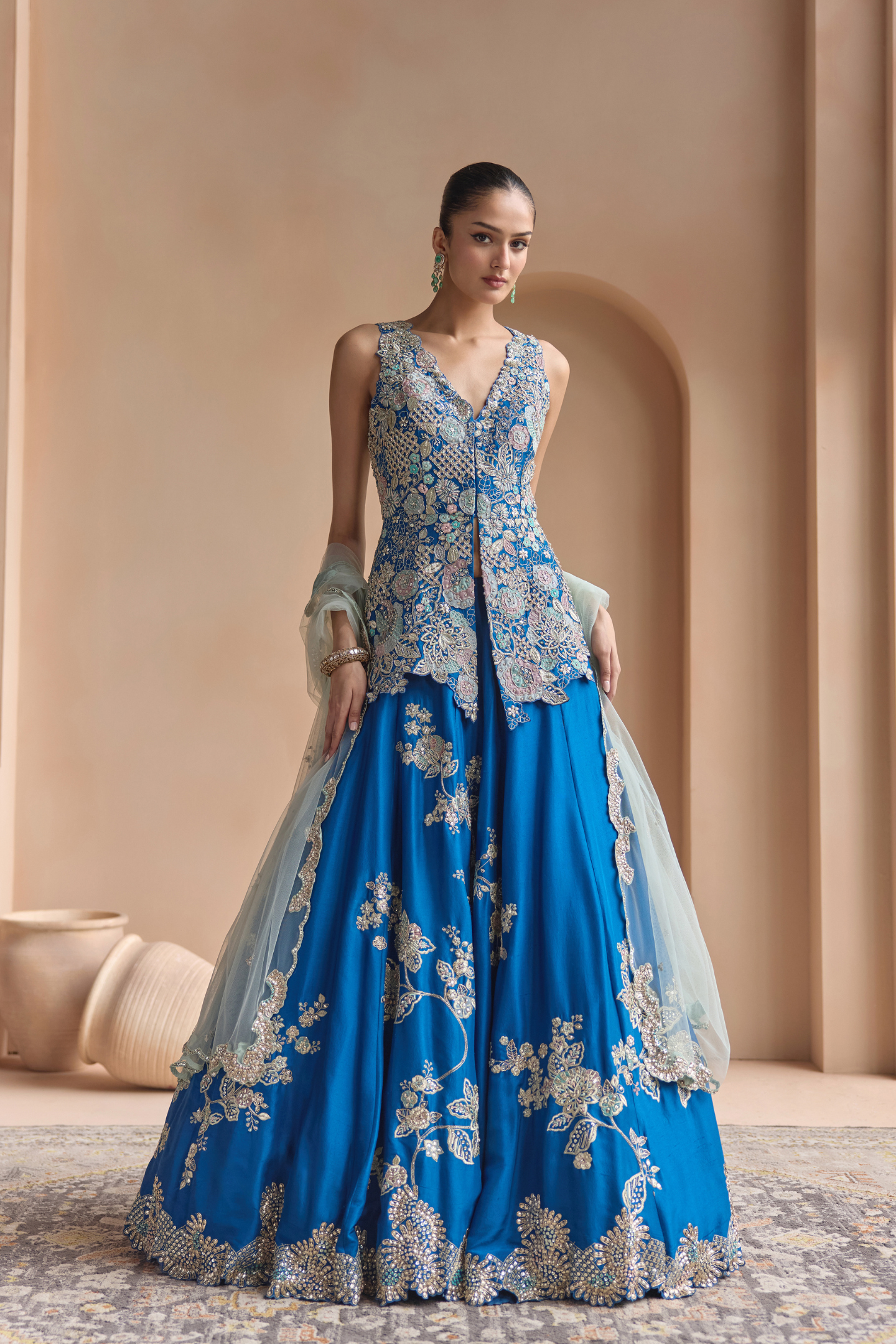 Jade Blue Embroidered Peplum Lehenga Set