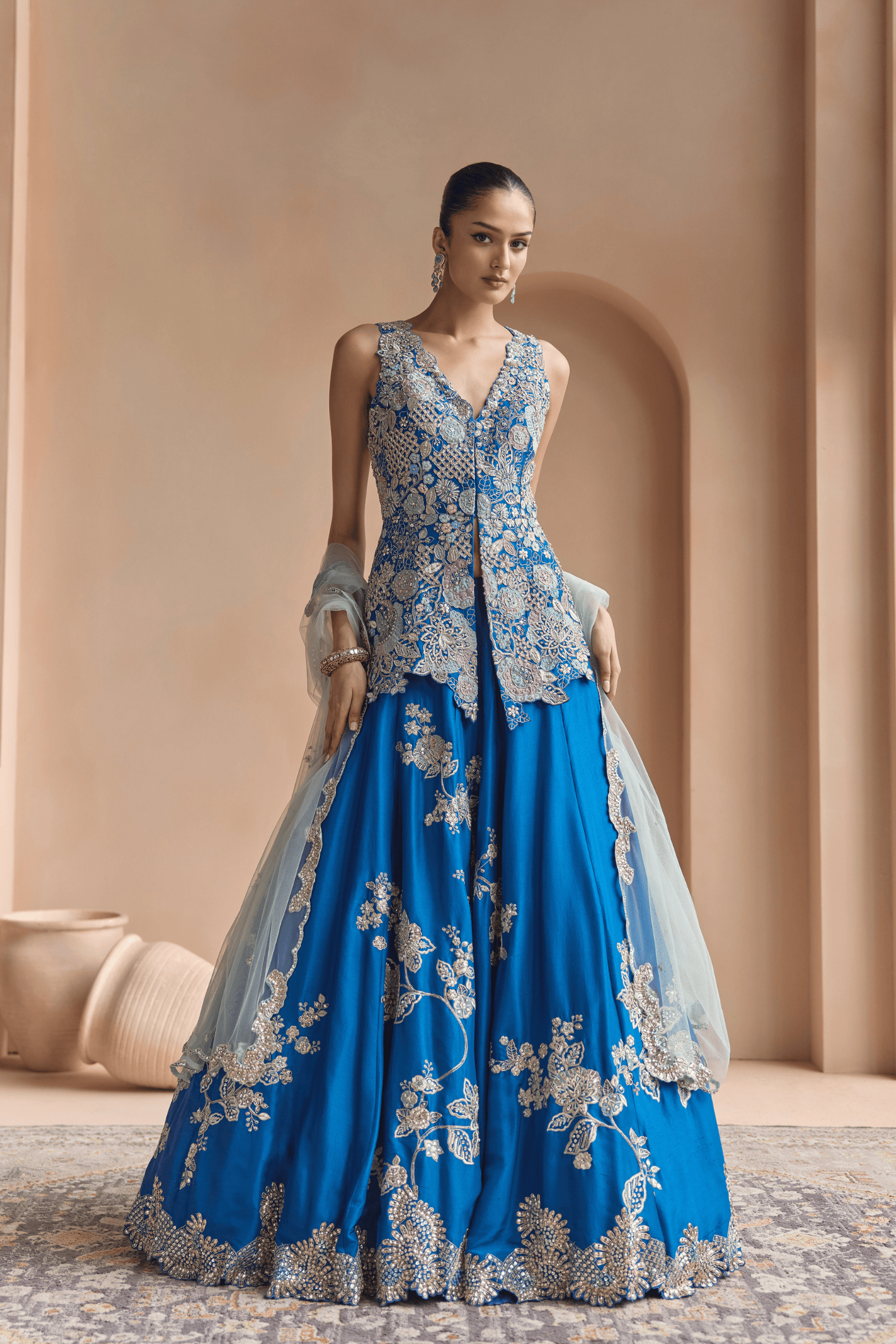 Jade Blue Embroidered Peplum Lehenga Set