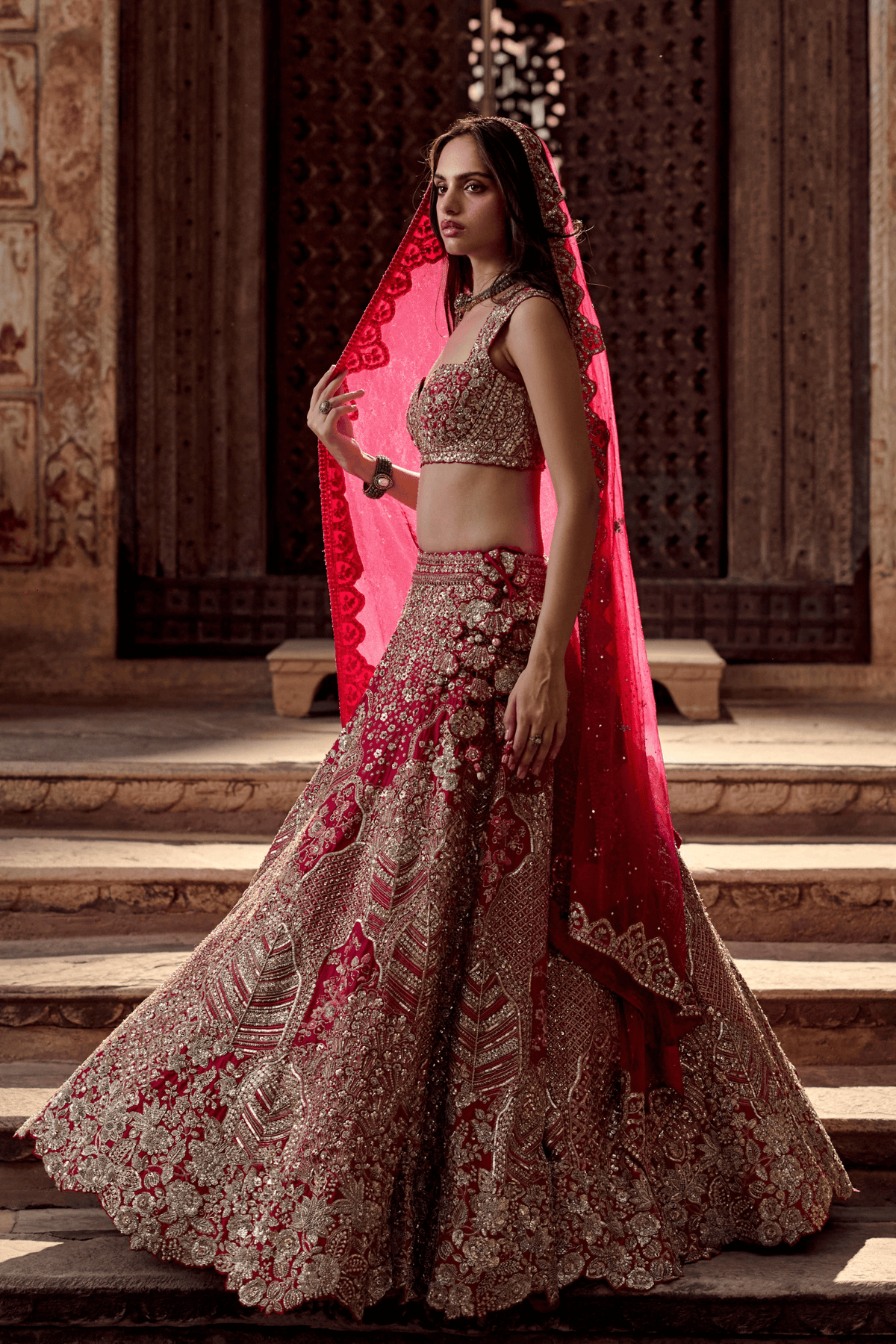 Dark Fuchsia Embroidered Bridal Lehenga Set