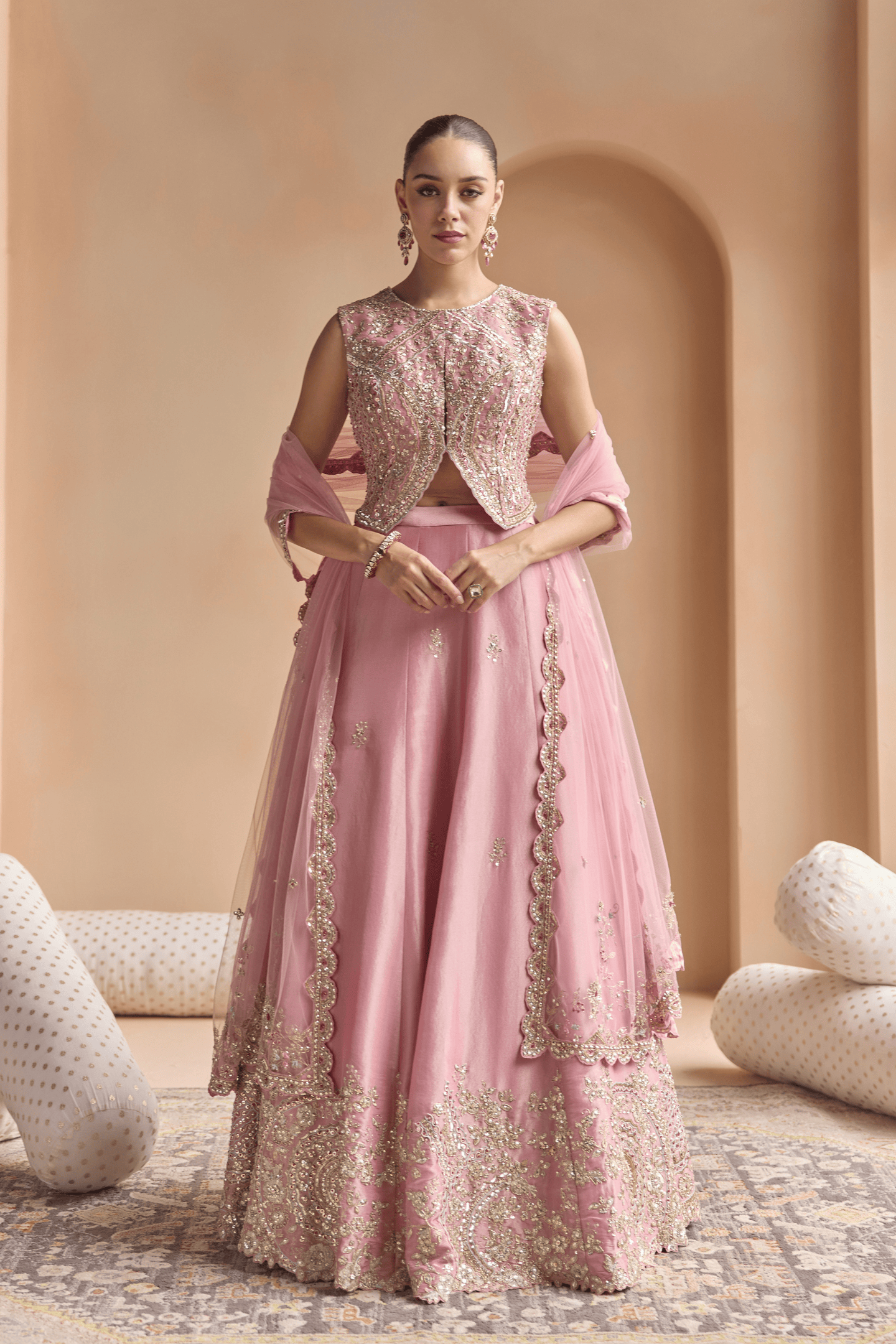 Soft Berry Embroidered Tissue Lehenga Set