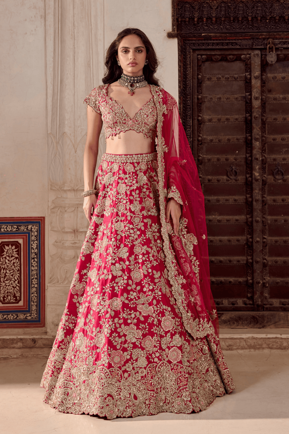 Ruby Pink Embroidered Bridal Lehenga Set