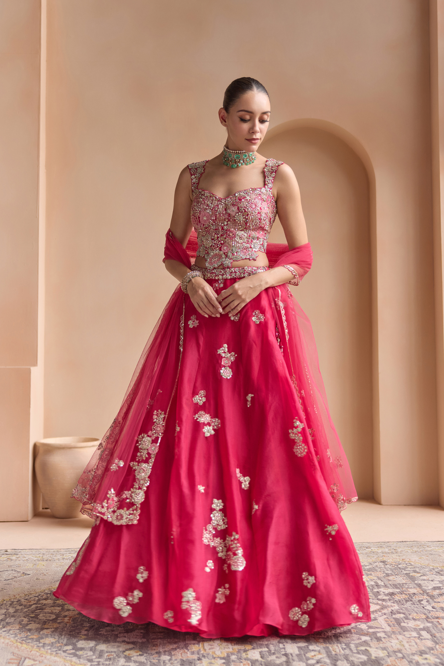 Cut Ruby Embroidered Organza Lehenga Set