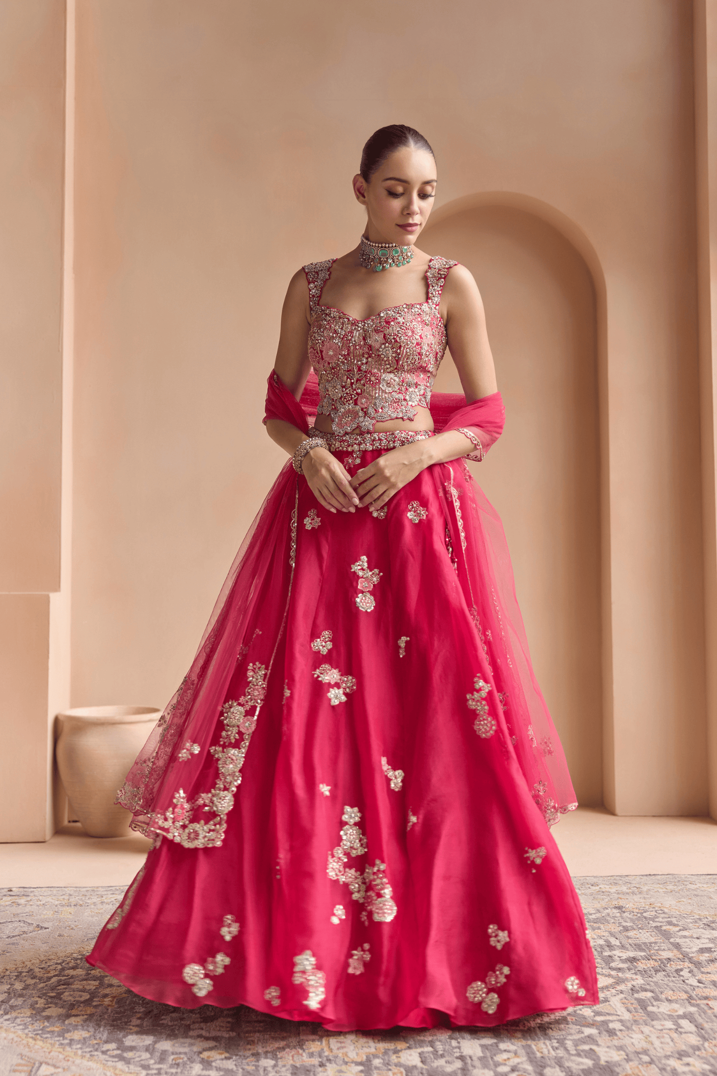Cut Ruby Embroidered Organza Lehenga Set