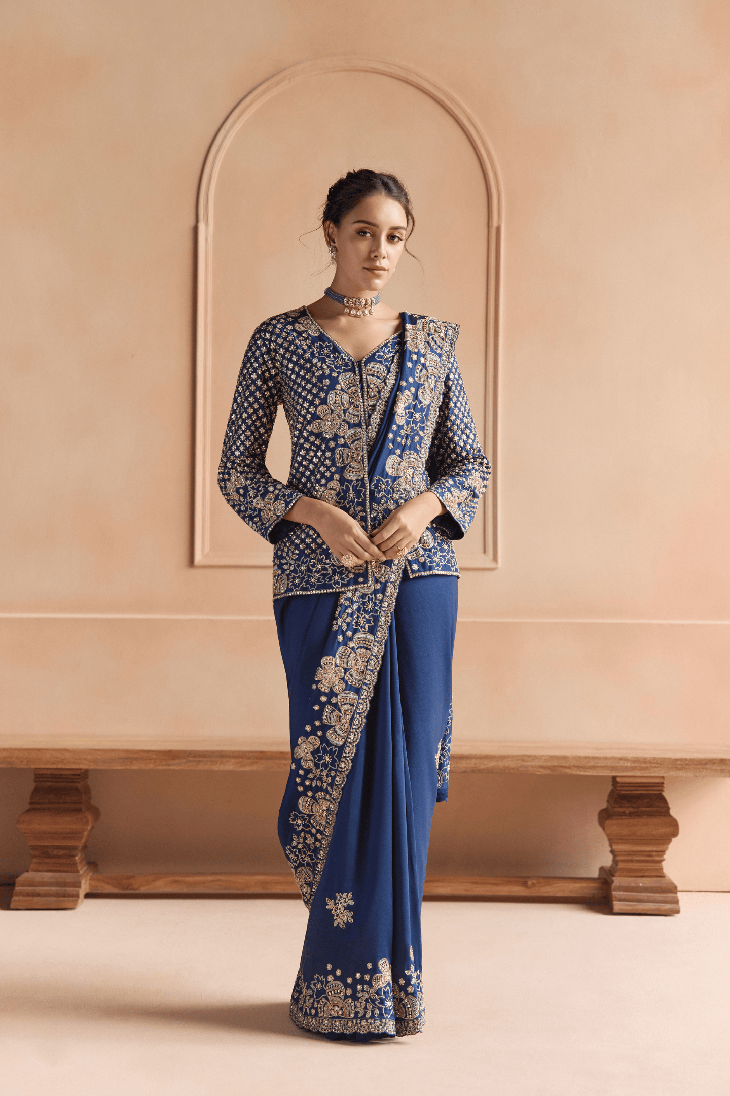 French Navy Saree Set