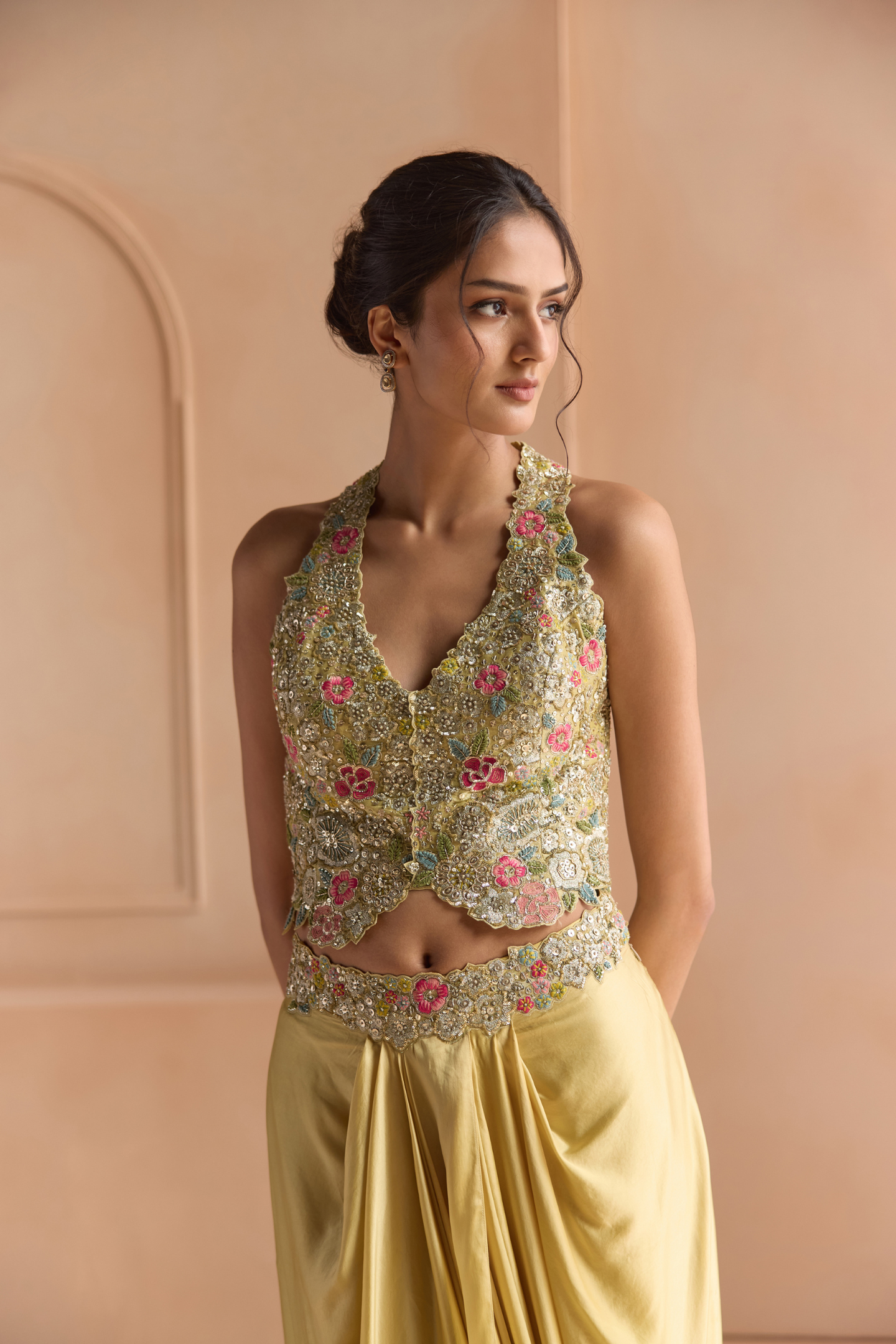 Butter Yellow Embroidered Top & Skirt Set