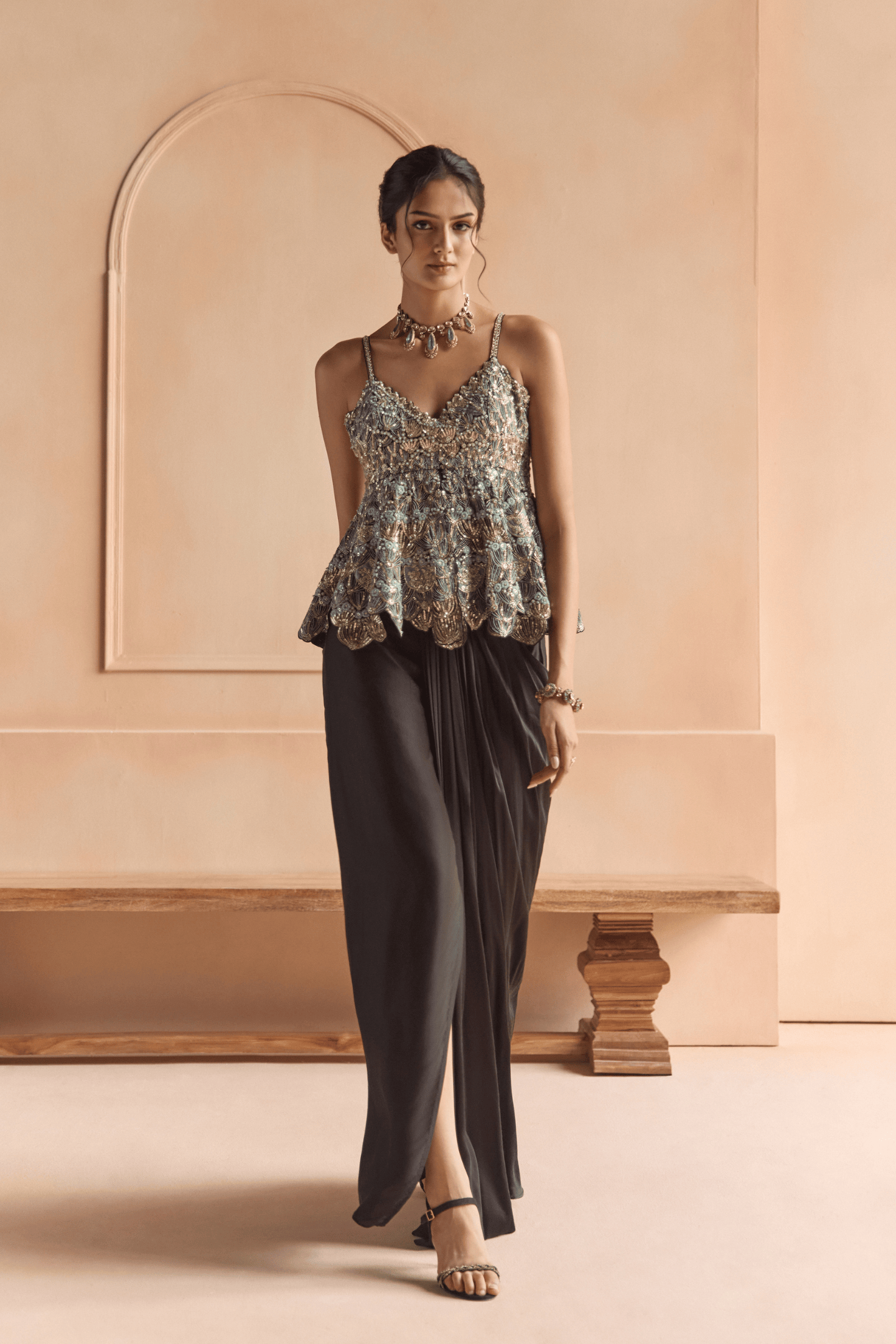 Black Embroidered Peplum Set