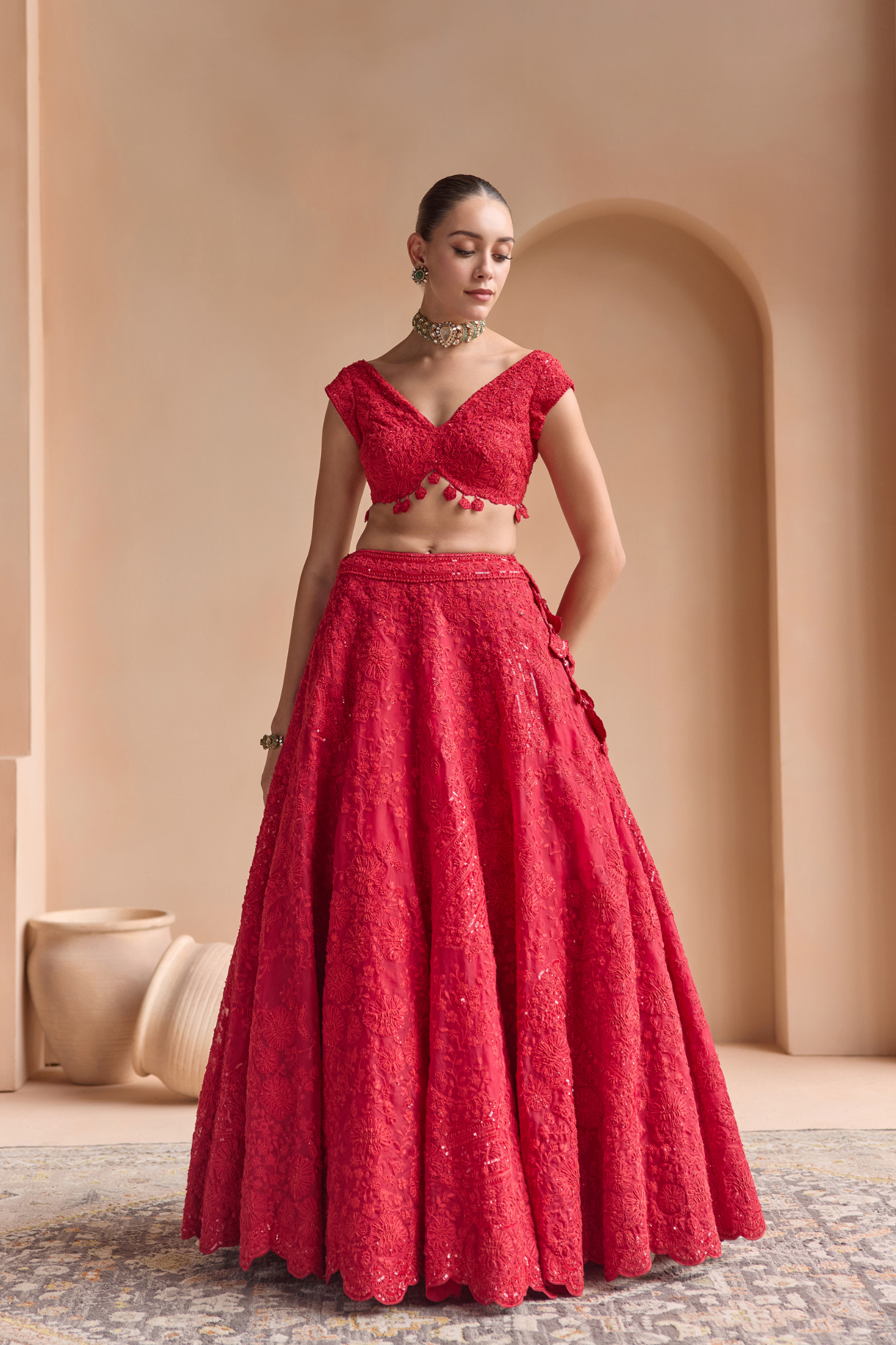 Rosewood Red Threadwork Lehenga Set