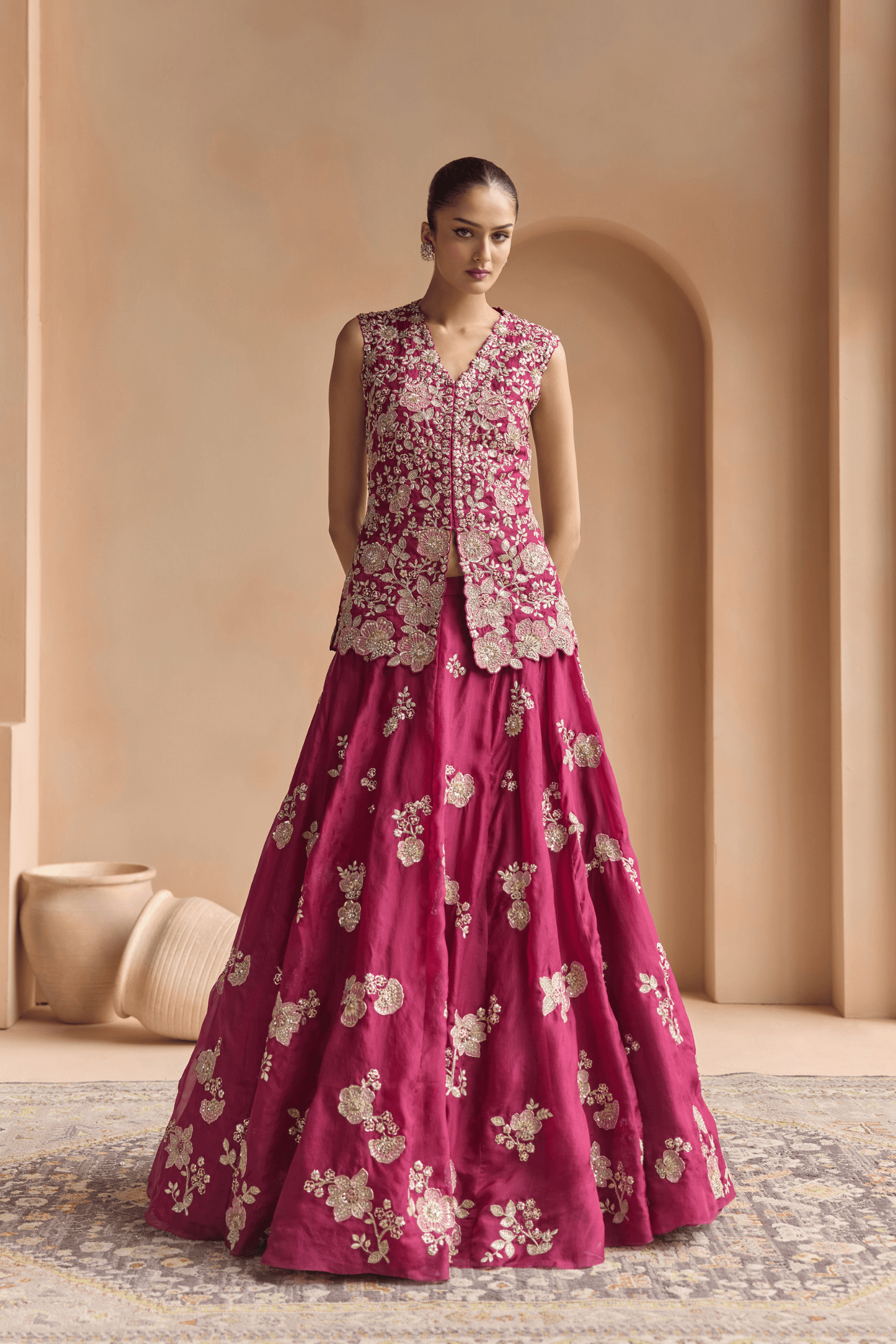 Sangria Plum Embroidered Organza Lehenga Set