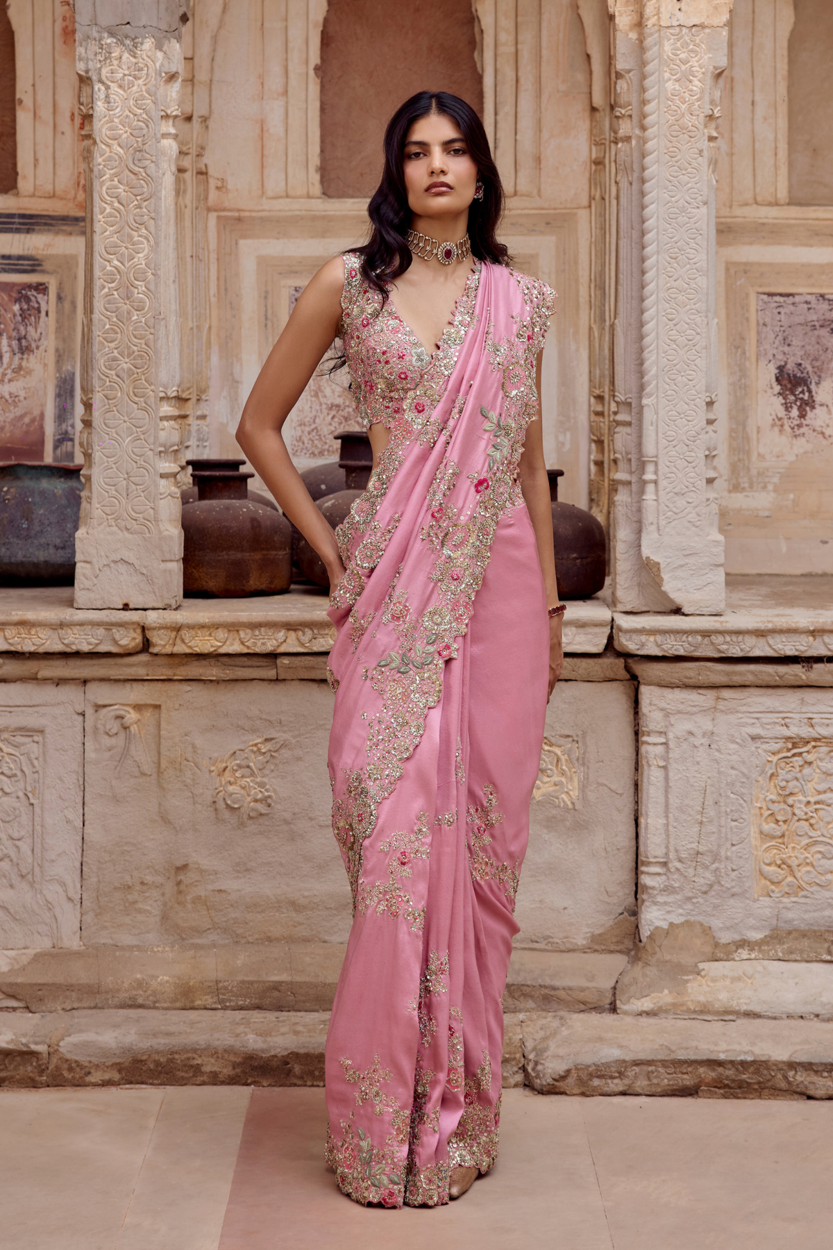 Lavender Blush Embroidered Saree Set