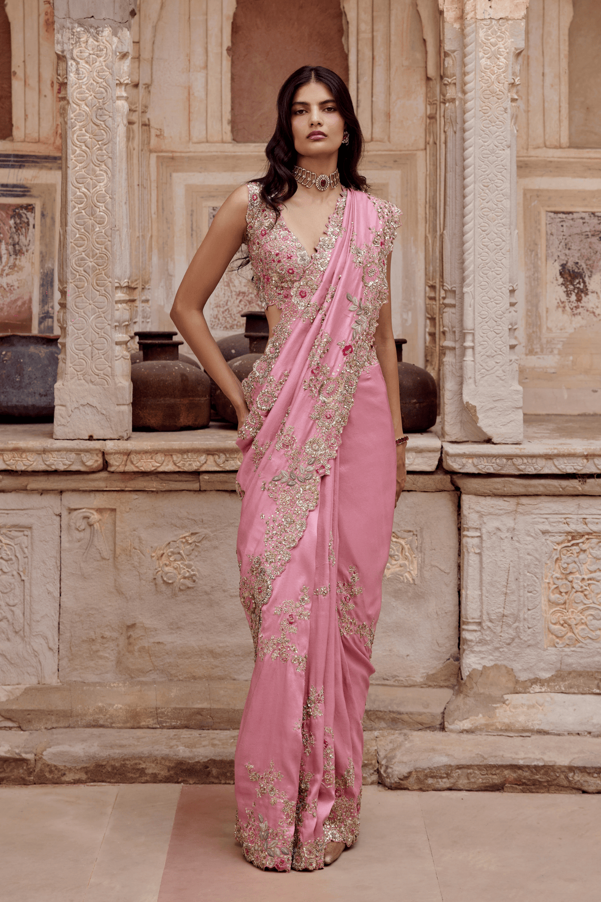 Lavender Blush Embroidered Saree Set