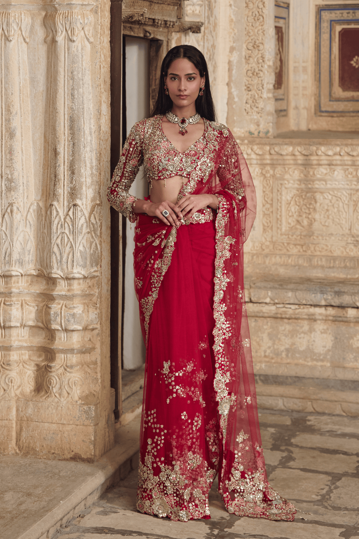 Deep Berry Embroidered Saree Set