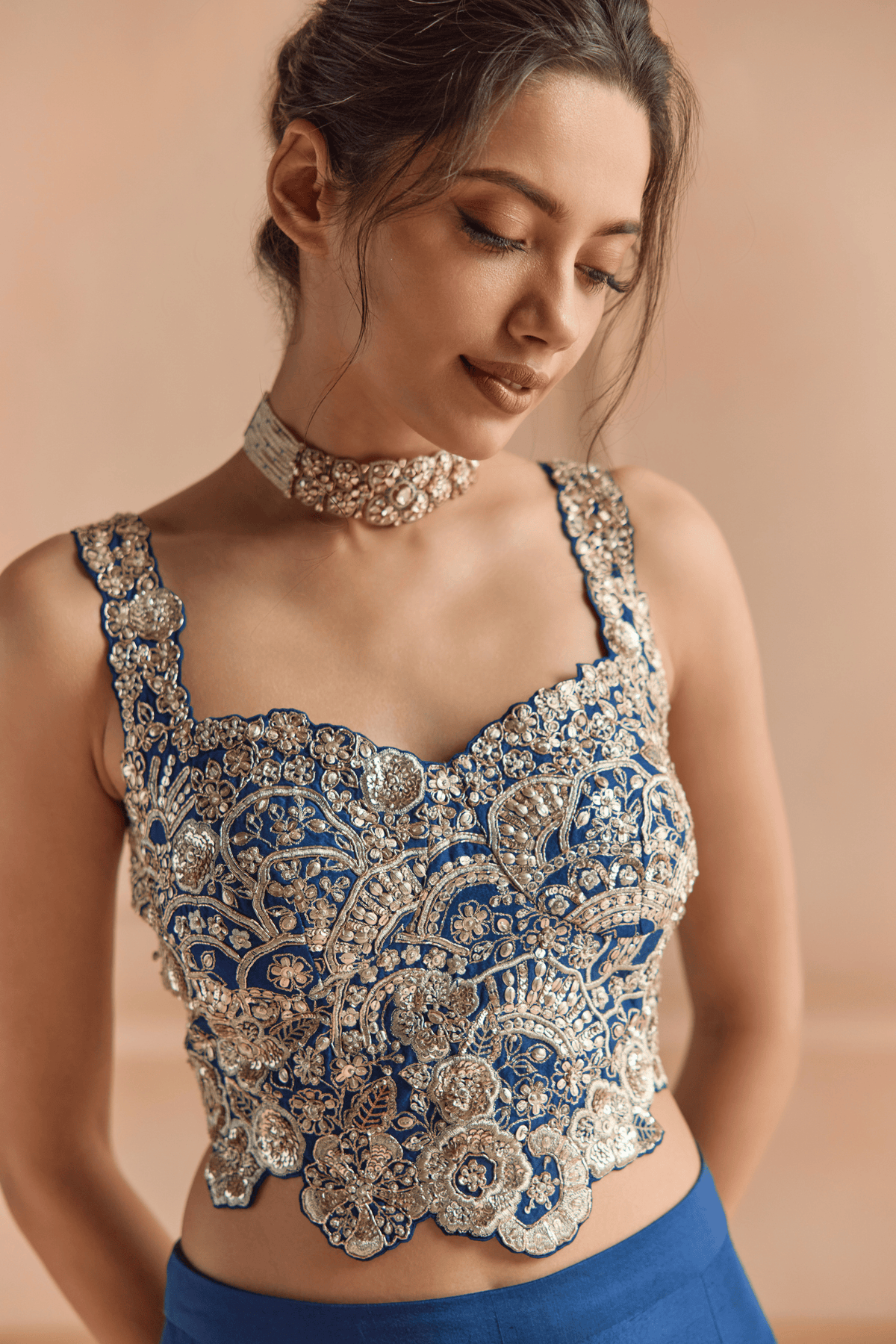 French Navy Embroidered Top & Garara Set