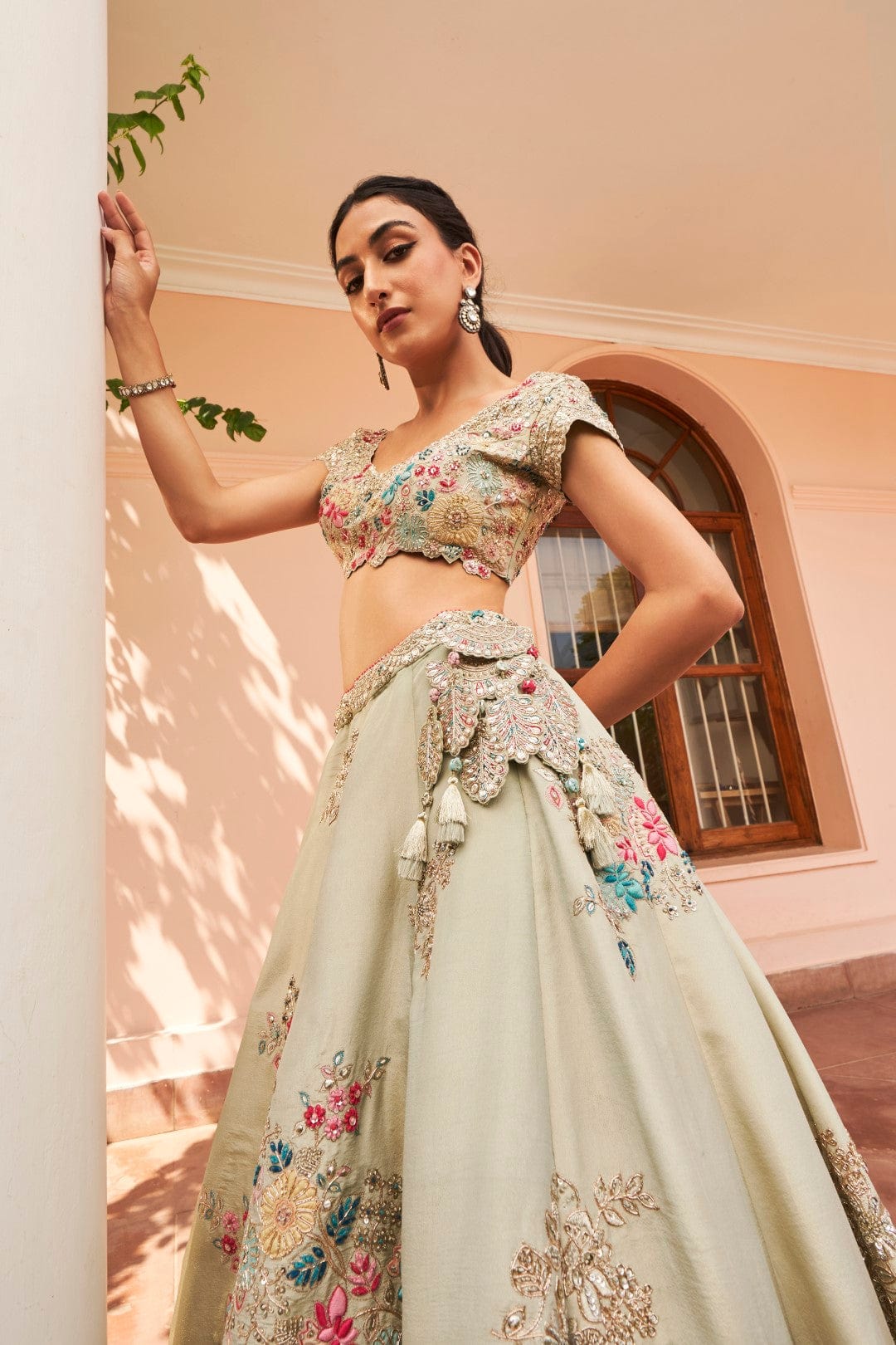 Dusty Olive Embroidered Placement Lehenga