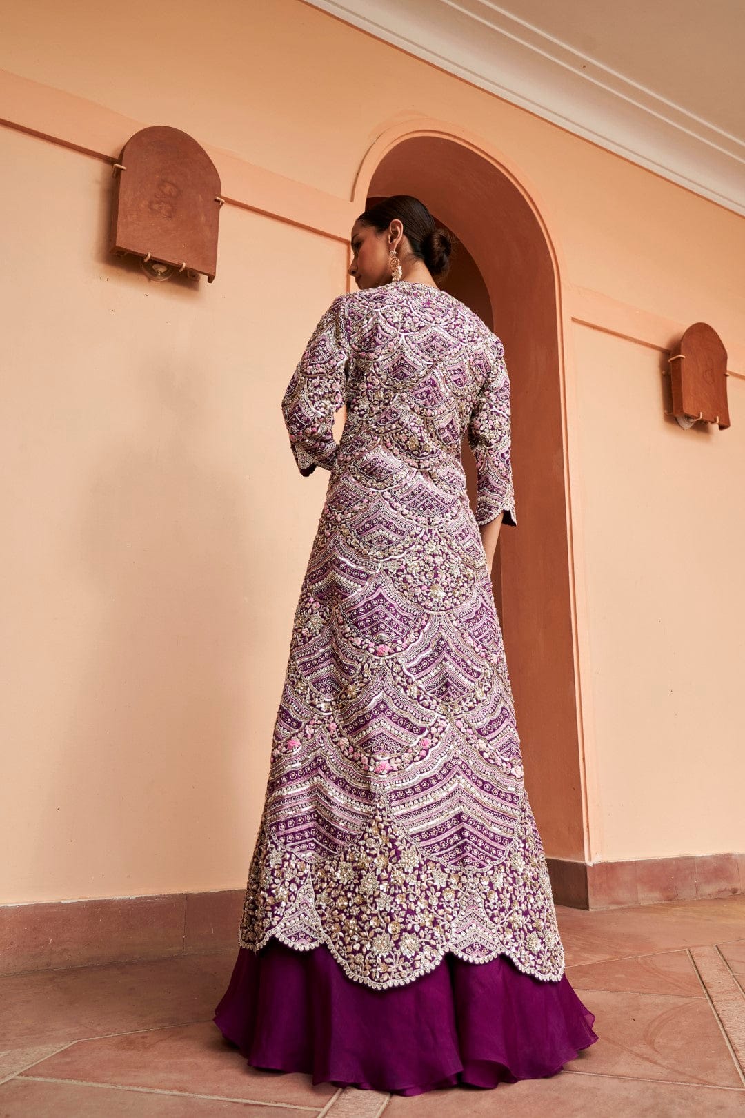 Aubergine Embroidered Layered Jacket Set