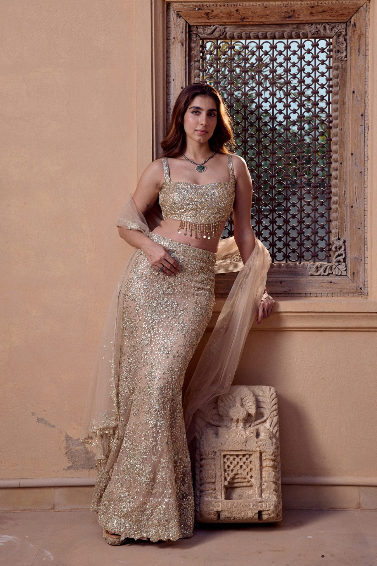 Beige Champagne Floral Lehenga Set