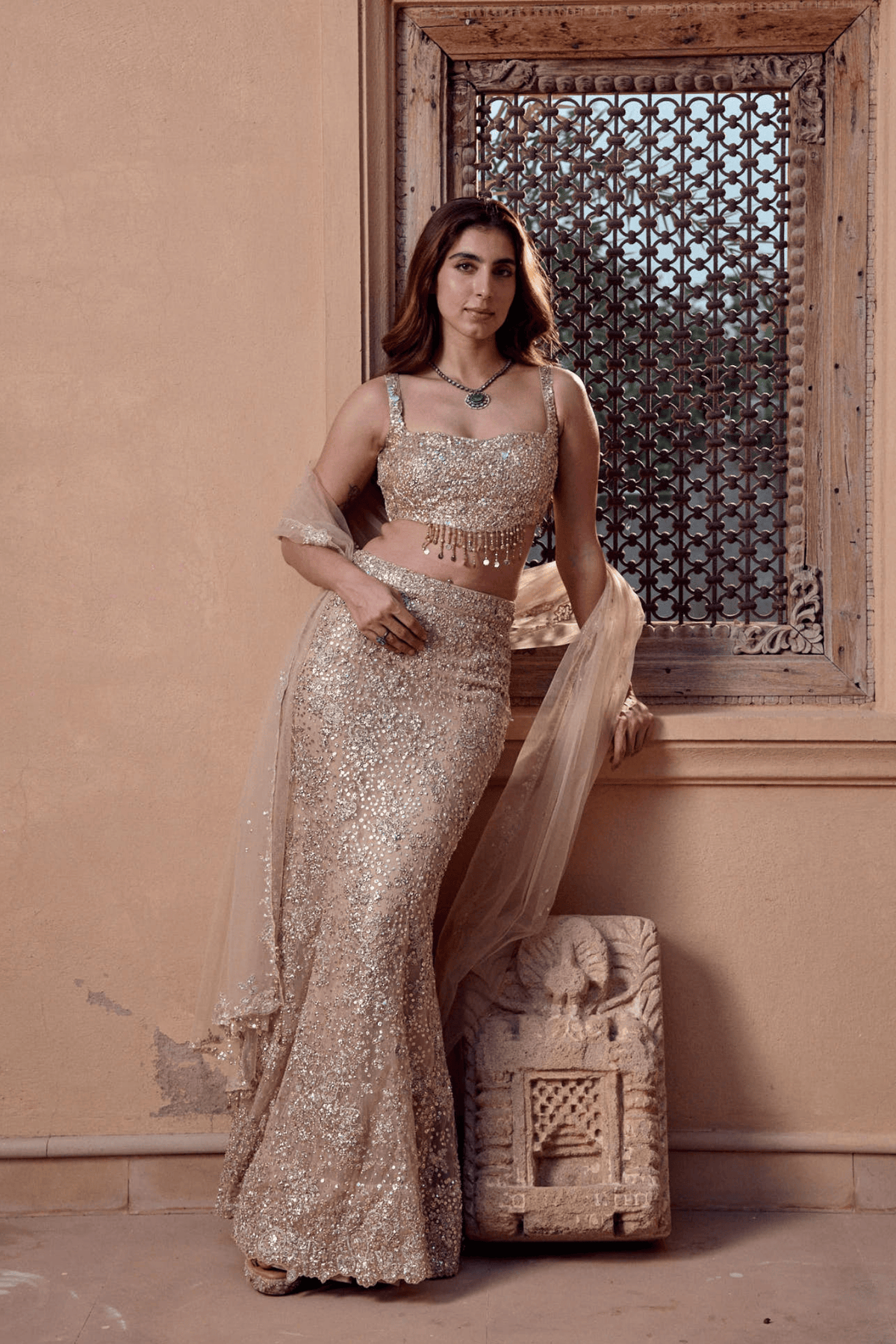 Beige Champagne Floral Lehenga Set