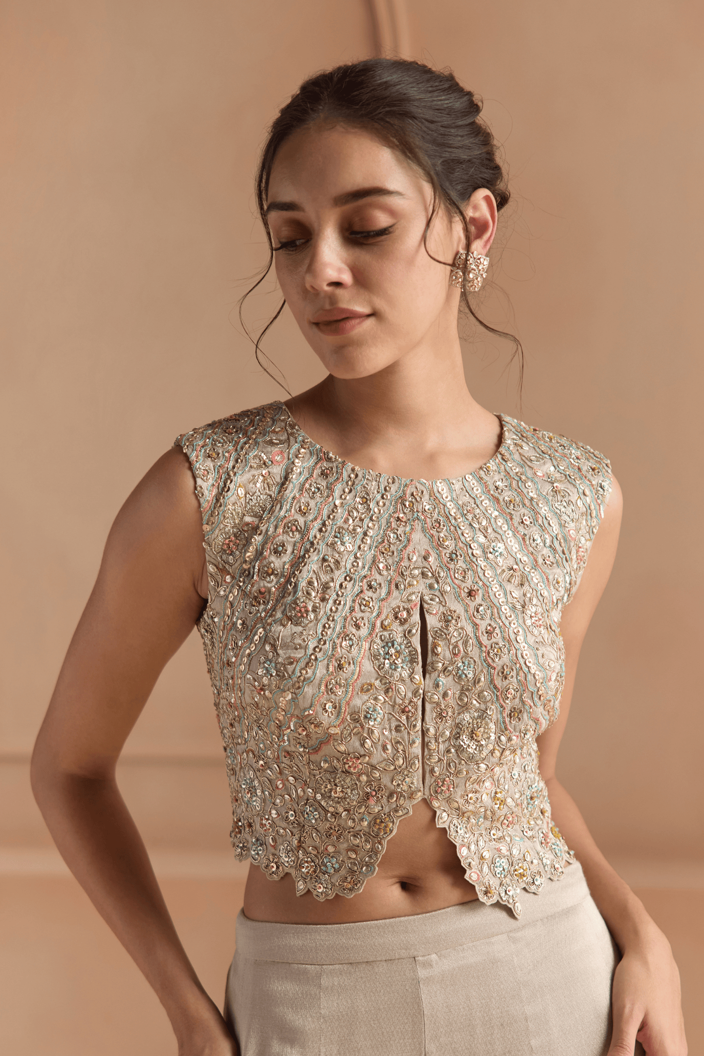 Platinum Grey Embroidered Top Set