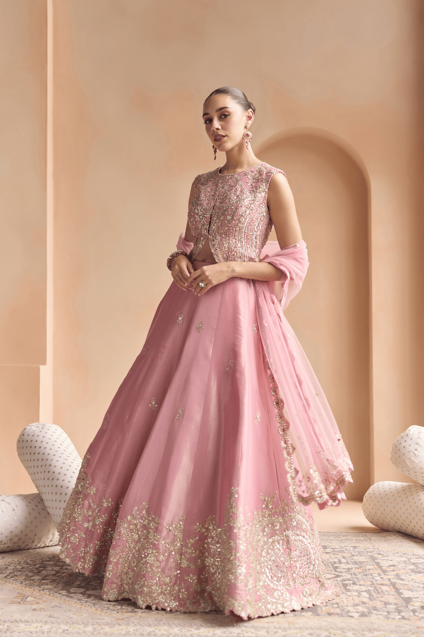 Soft Berry Embroidered Tissue Lehenga Set