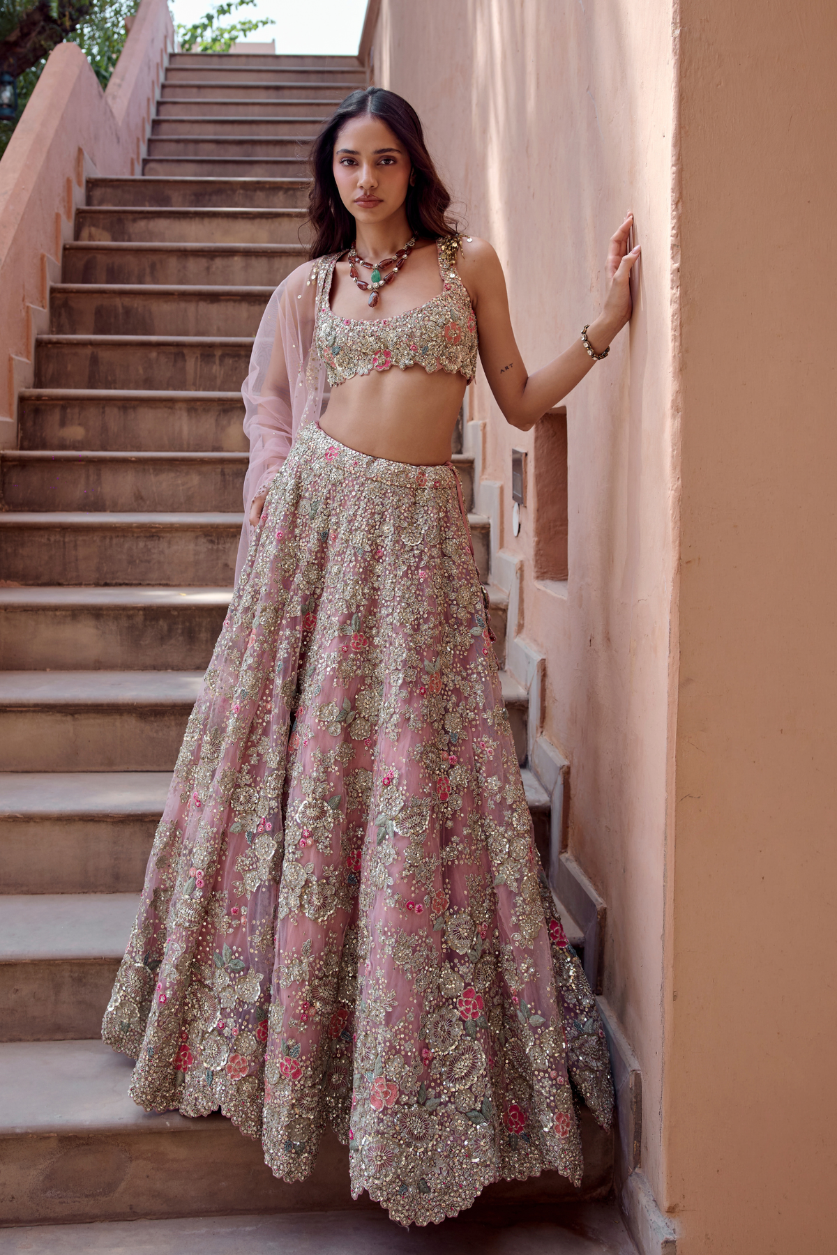 Oyster Pink Embroidered Lehenga Set