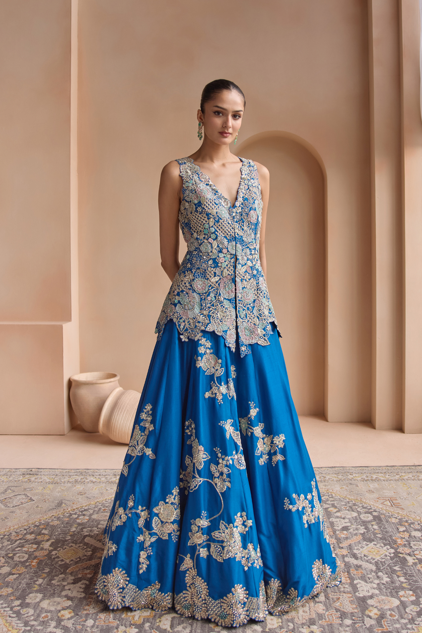 Jade Blue Embroidered Peplum Lehenga Set