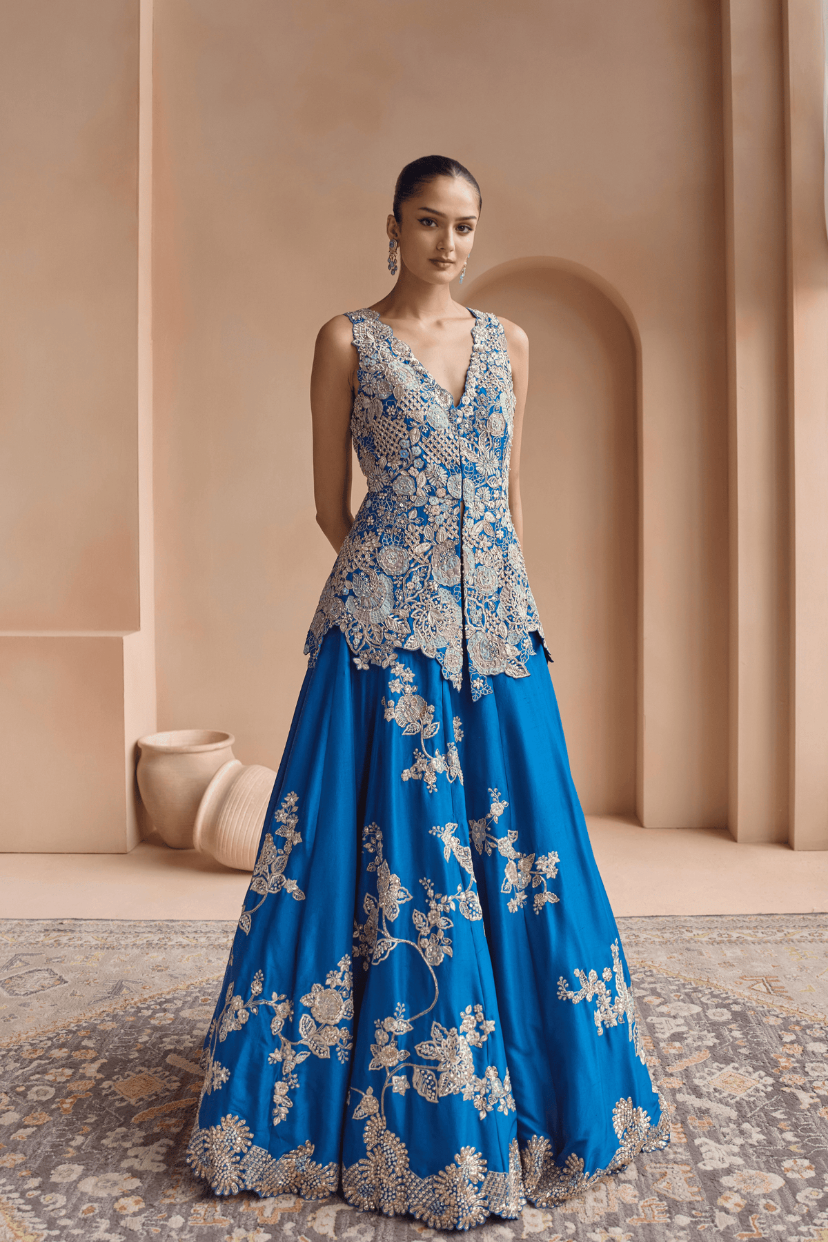 Jade Blue Embroidered Peplum Lehenga Set
