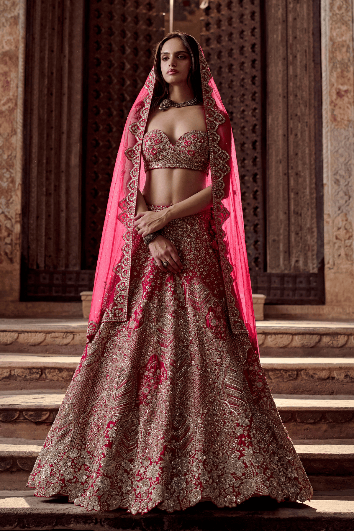 Dark Fuchsia Embroidered Bridal Lehenga Set