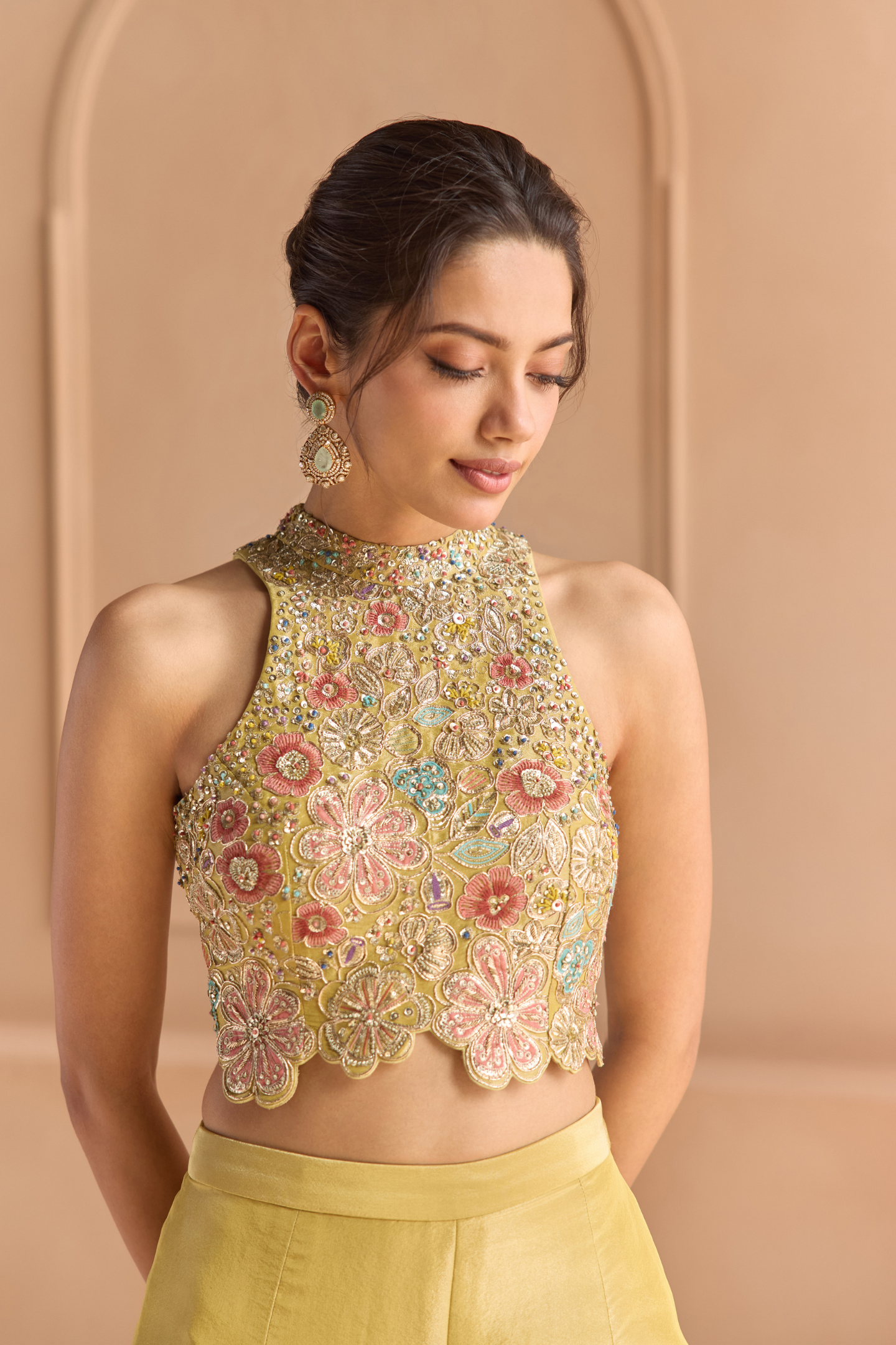 Butter Yellow Embroidered Top & Flare Pants Set