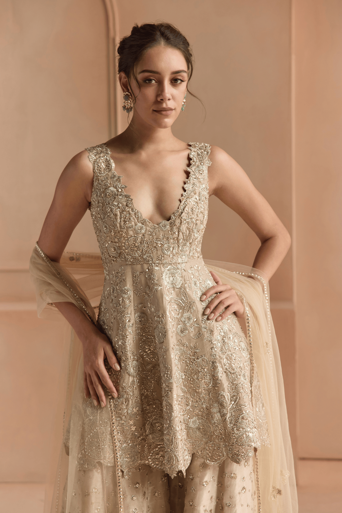 Beige Champagne Peplum Garara Set