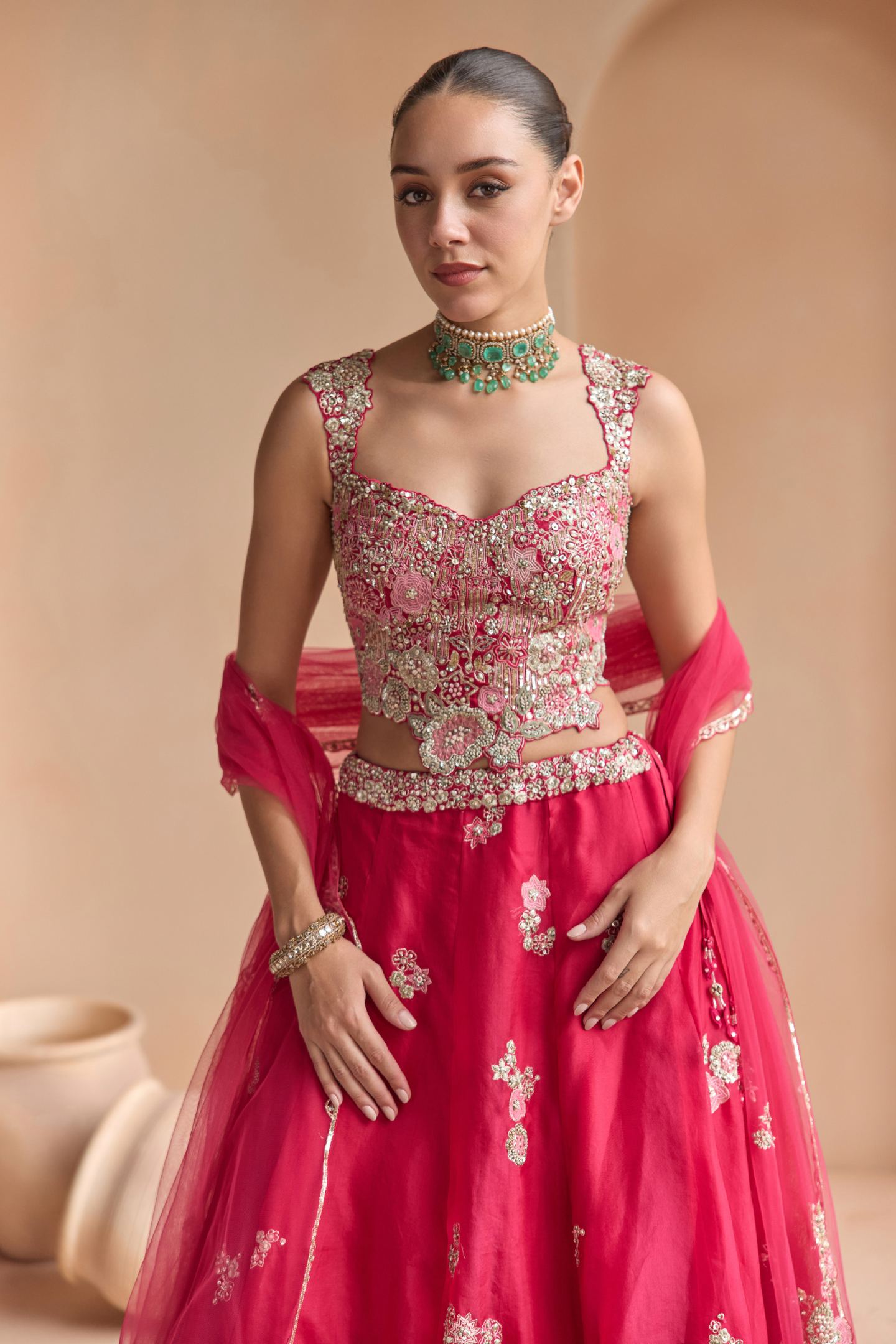 Cut Ruby Embroidered Organza Lehenga Set
