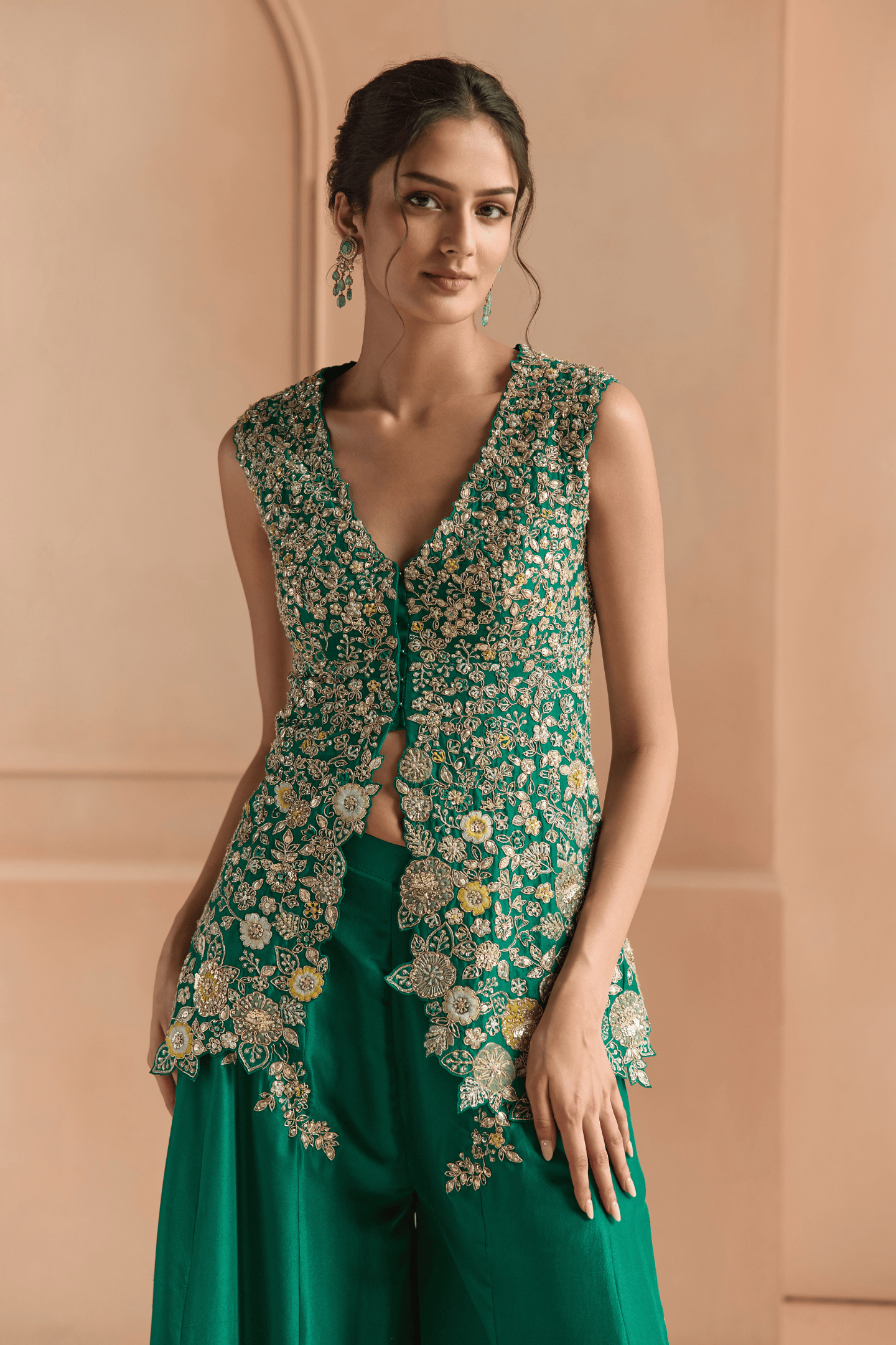 Jewel Green Embroidered Peplum Garara Set