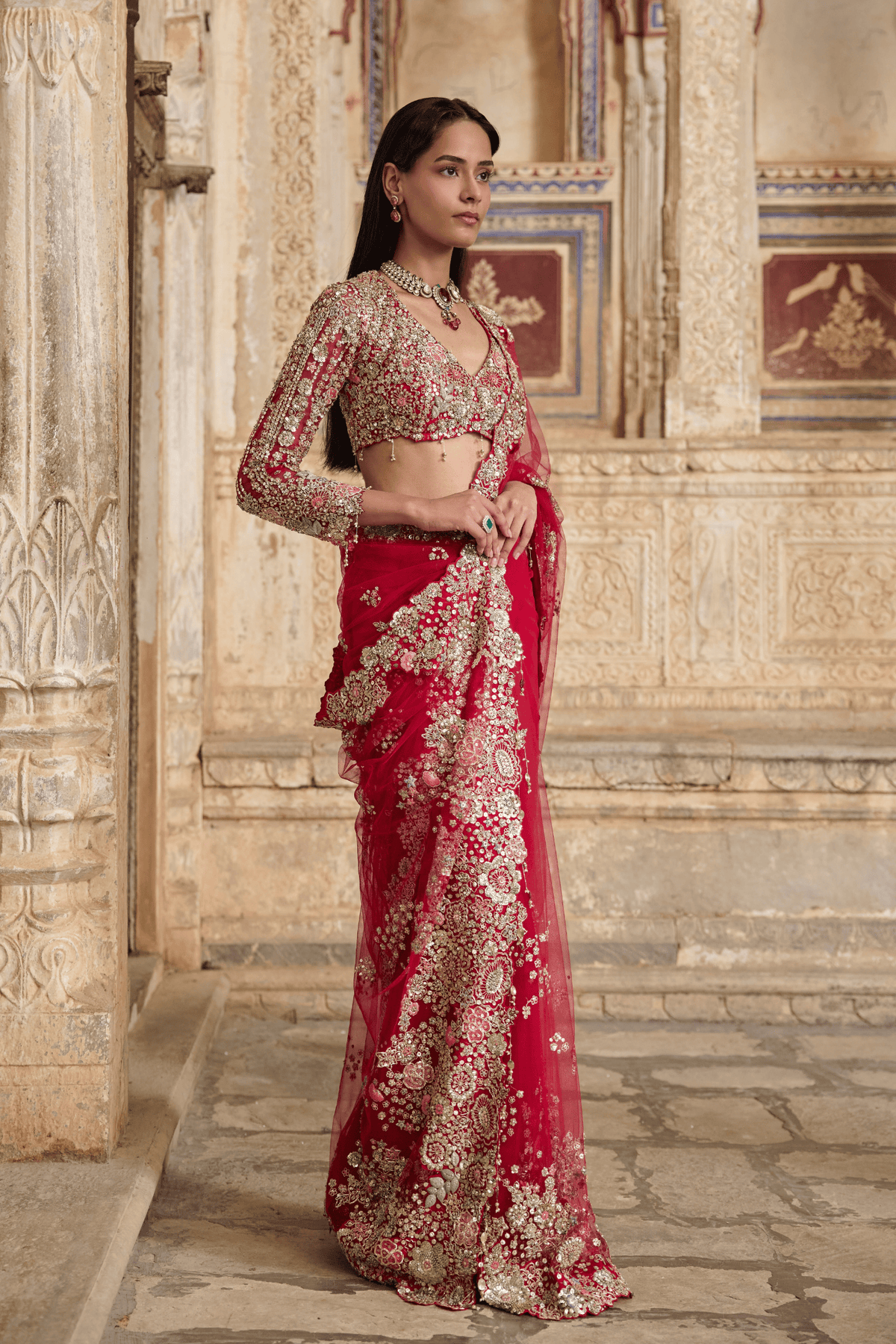 Deep Berry Embroidered Saree Set