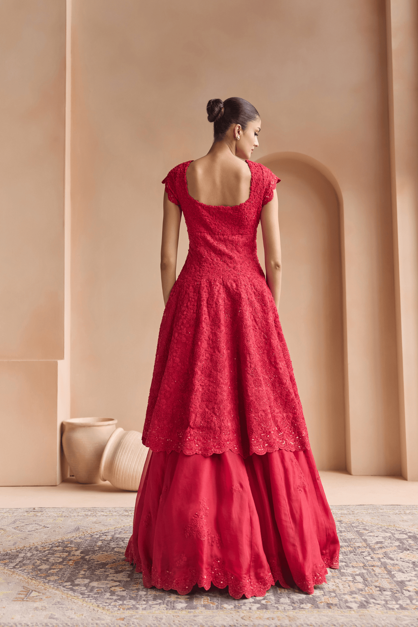 Rosewood Red Embroidered Jacket & Skirt Set