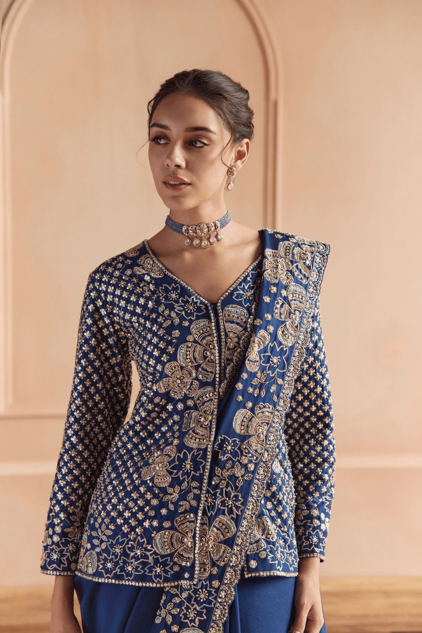 French Navy Saree Set