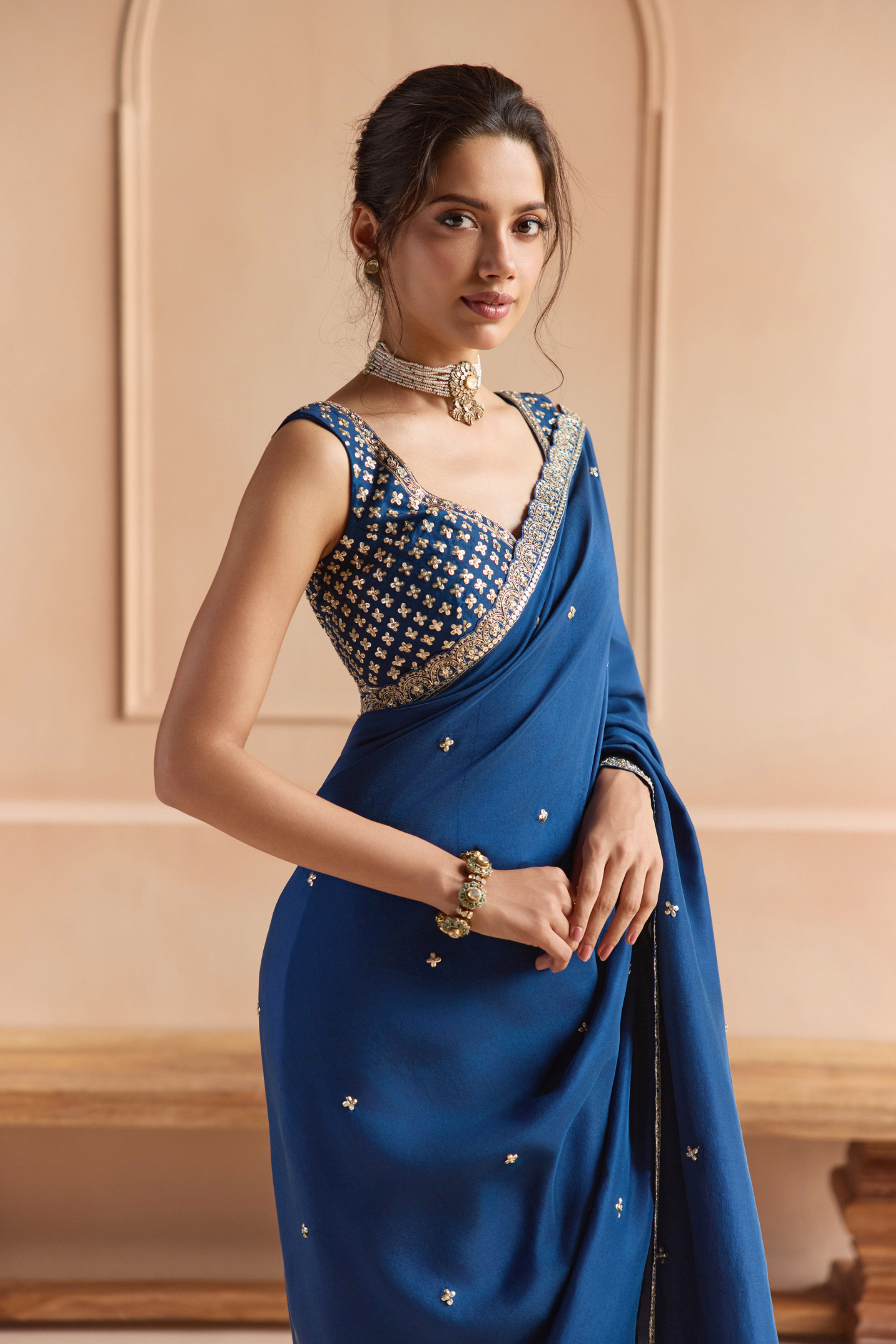 French Navy Saree Set