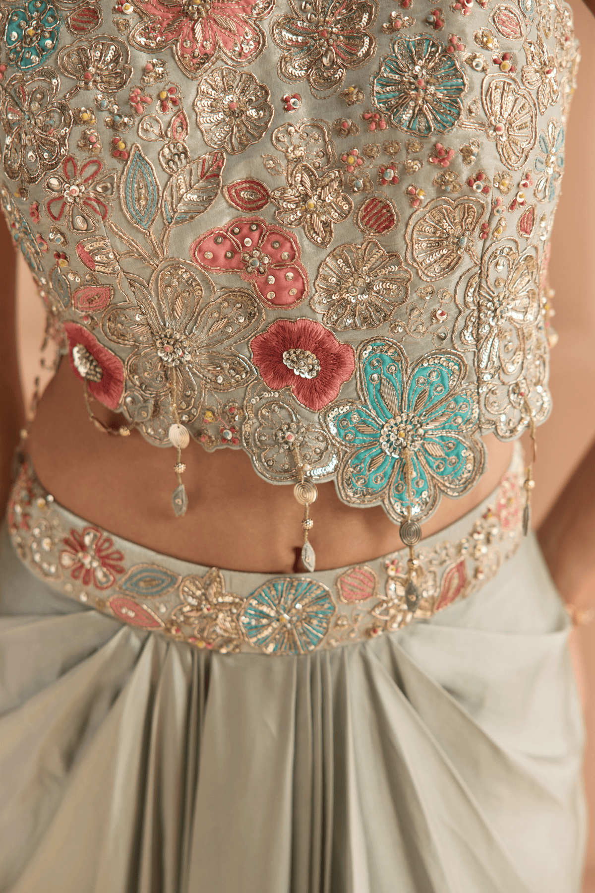 Mist Blue Embroidered Top & Skirt Set
