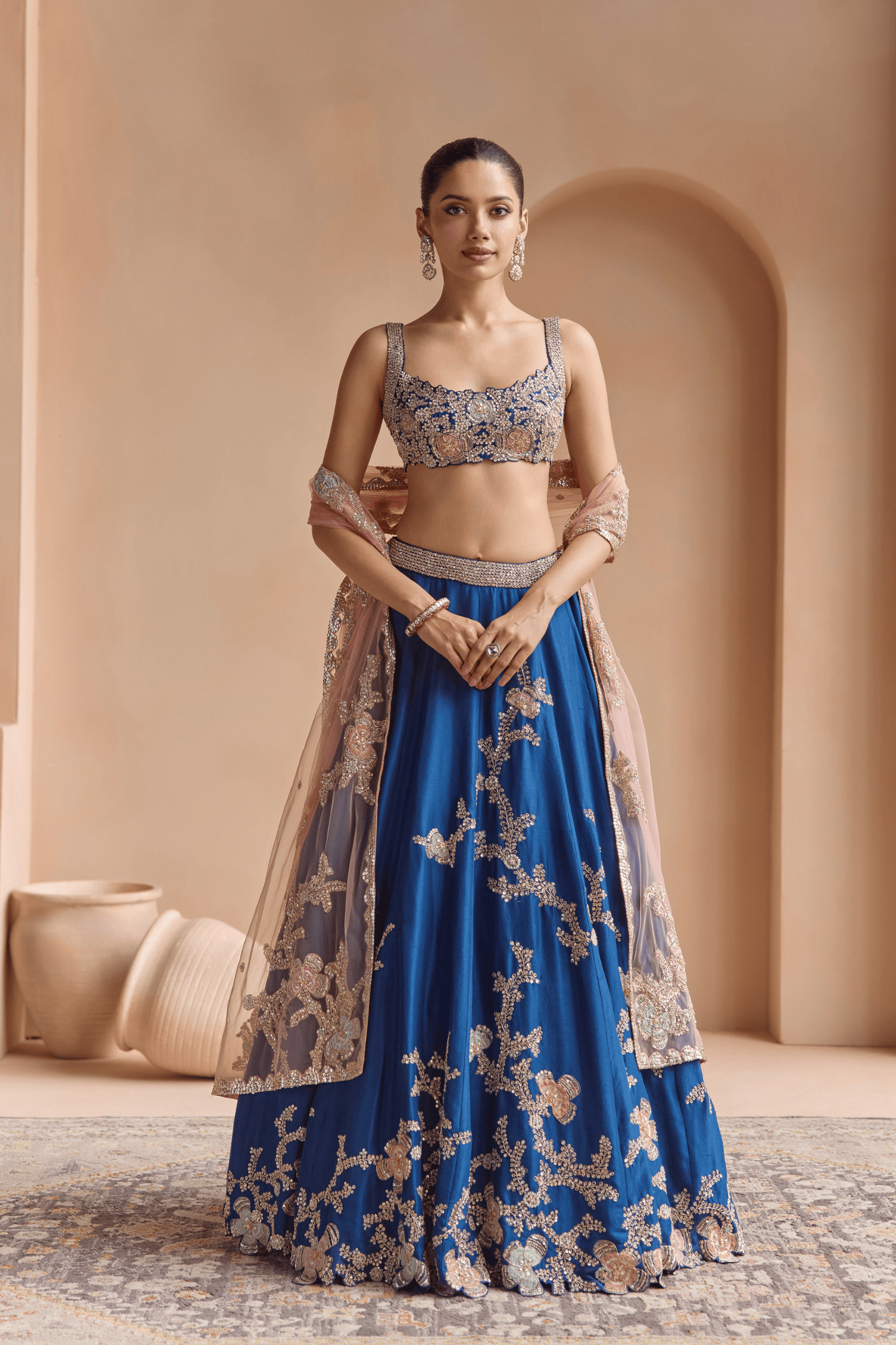 French Navy Embroidered Lehenga Set
