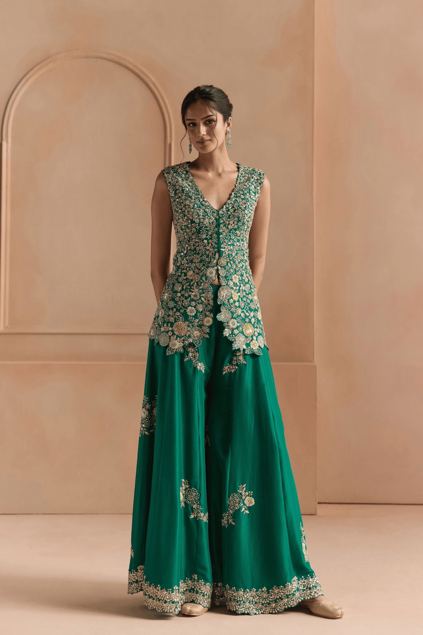 Jewel Green Embroidered Peplum Garara Set