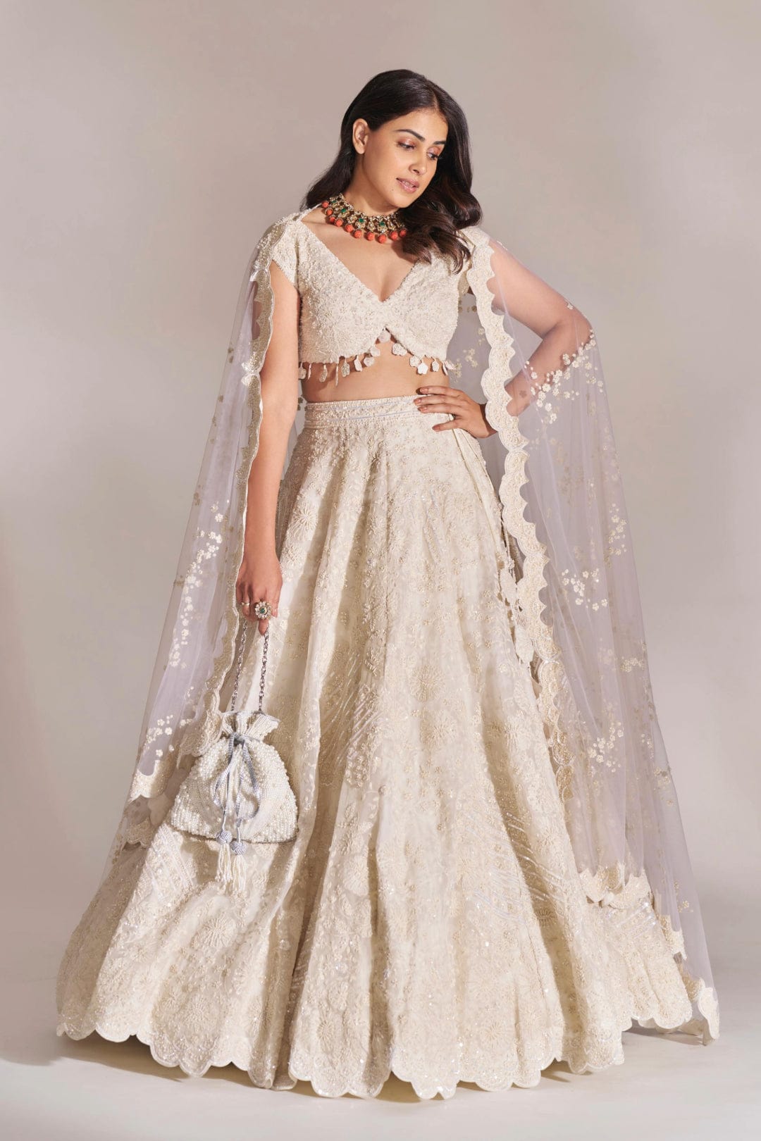 Pigeon White Embroidered Lehenga Set