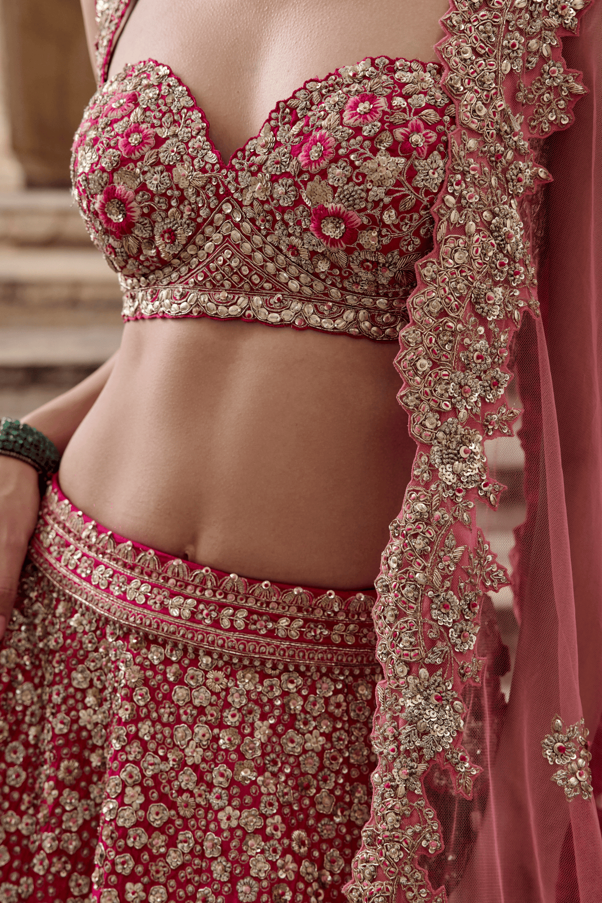 Dark Fuchsia Embroidered Bridal Lehenga Set