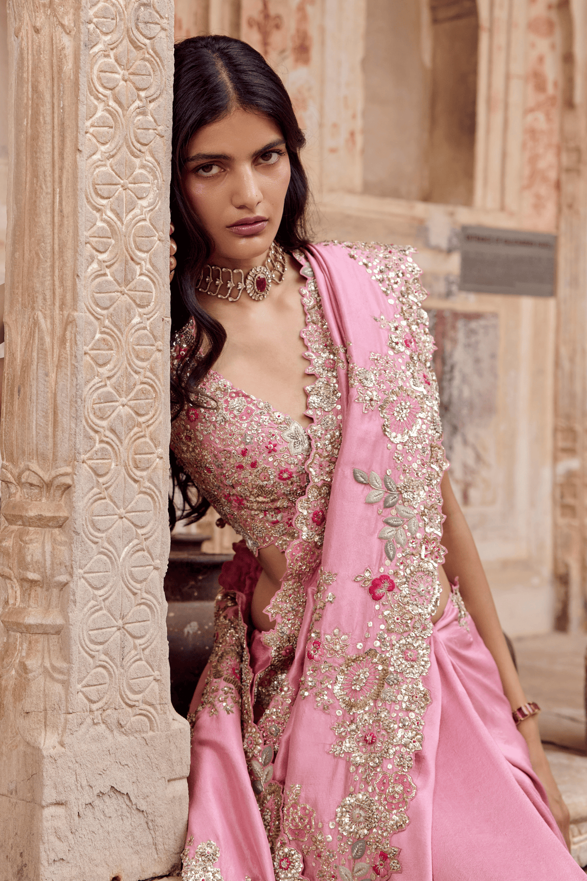 Lavender Blush Embroidered Saree Set