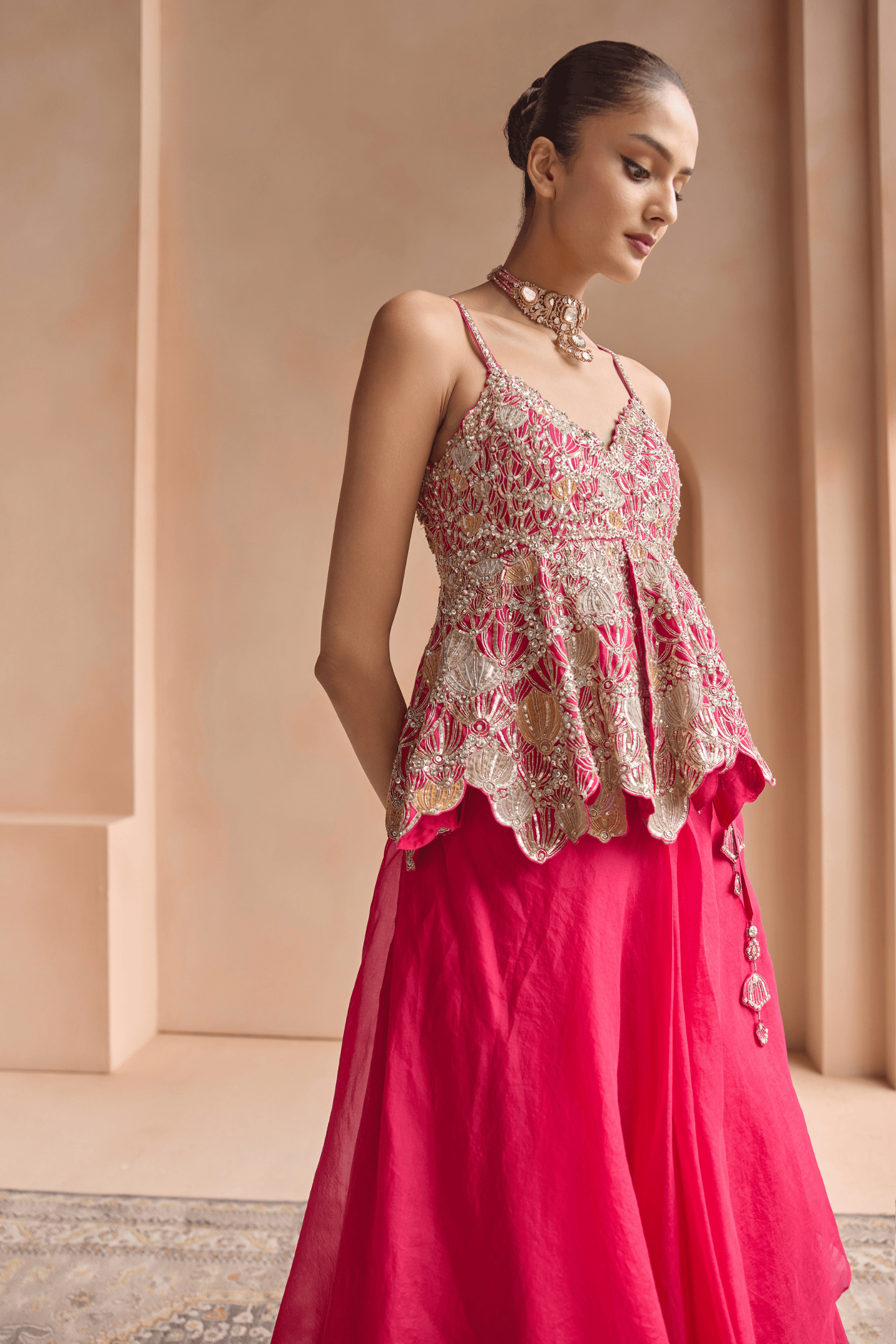 Cut Ruby Embroidered Peplum and Skirt Set