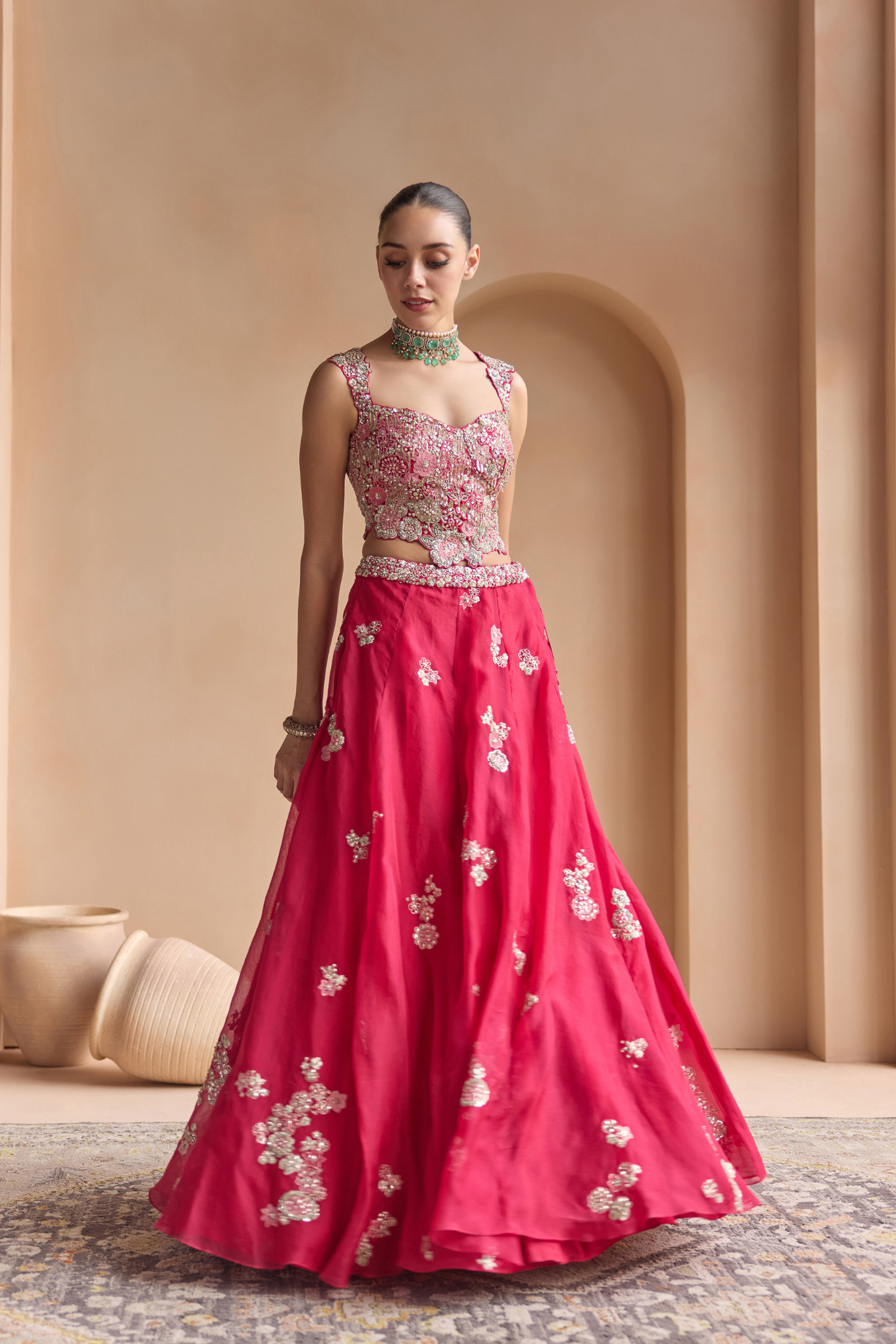 Cut Ruby Embroidered Organza Lehenga Set