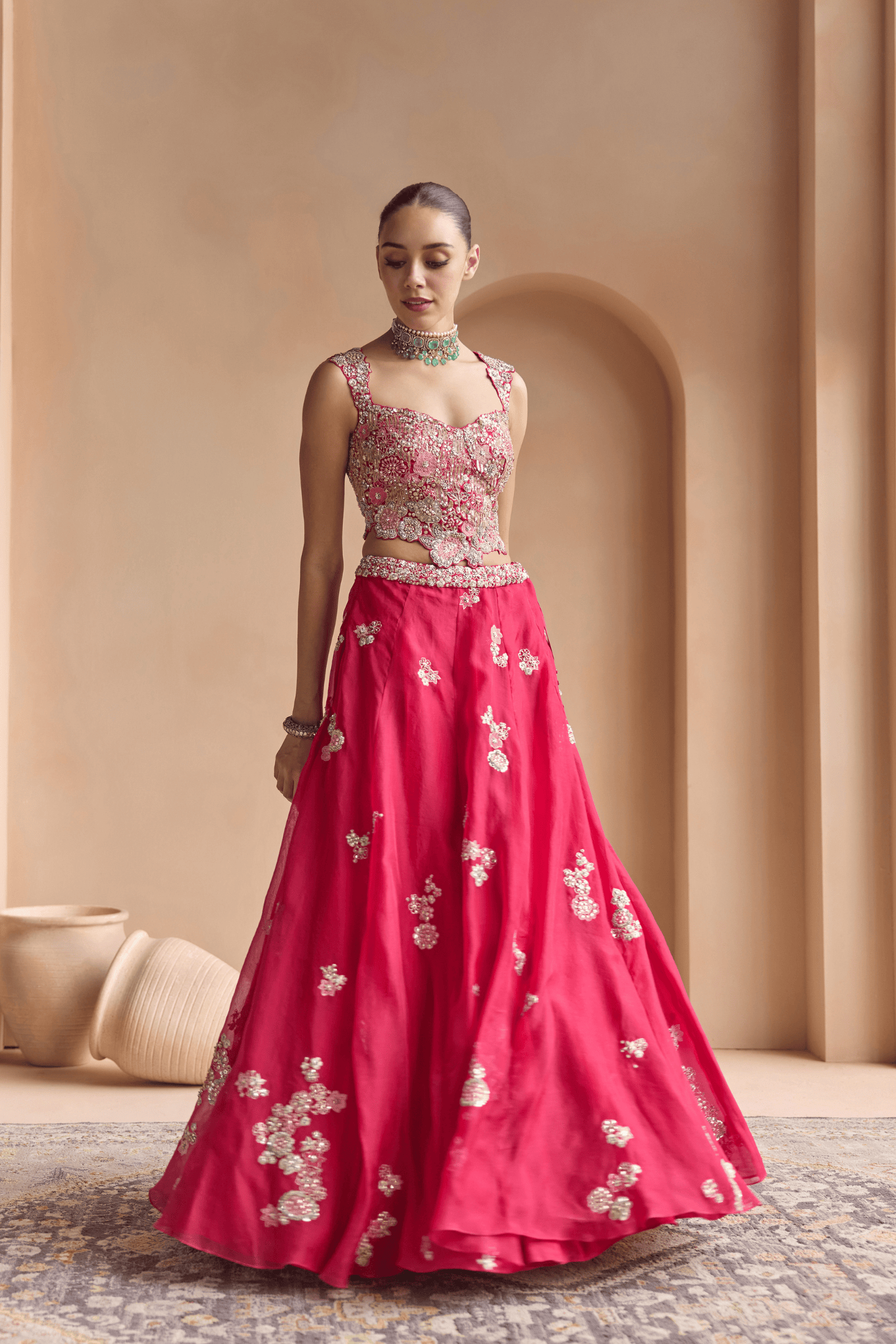 Cut Ruby Embroidered Organza Lehenga Set